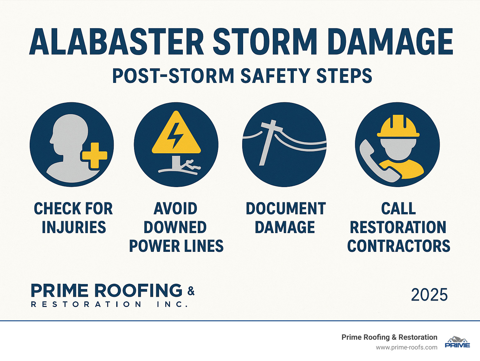 Infographic showing immediate post-storm safety steps including checking for injuries, avoiding downed power lines, documenting damage with photos, contacting insurance companies, and calling professional restoration contractors - Alabaster storm damage infographic Infographic showing immediate post-storm safety steps including checking for injuries, avoiding downed power lines, documenting damage with photos, contacting insurance companies, and calling professional restoration contractors - Alabaster storm damage infographic