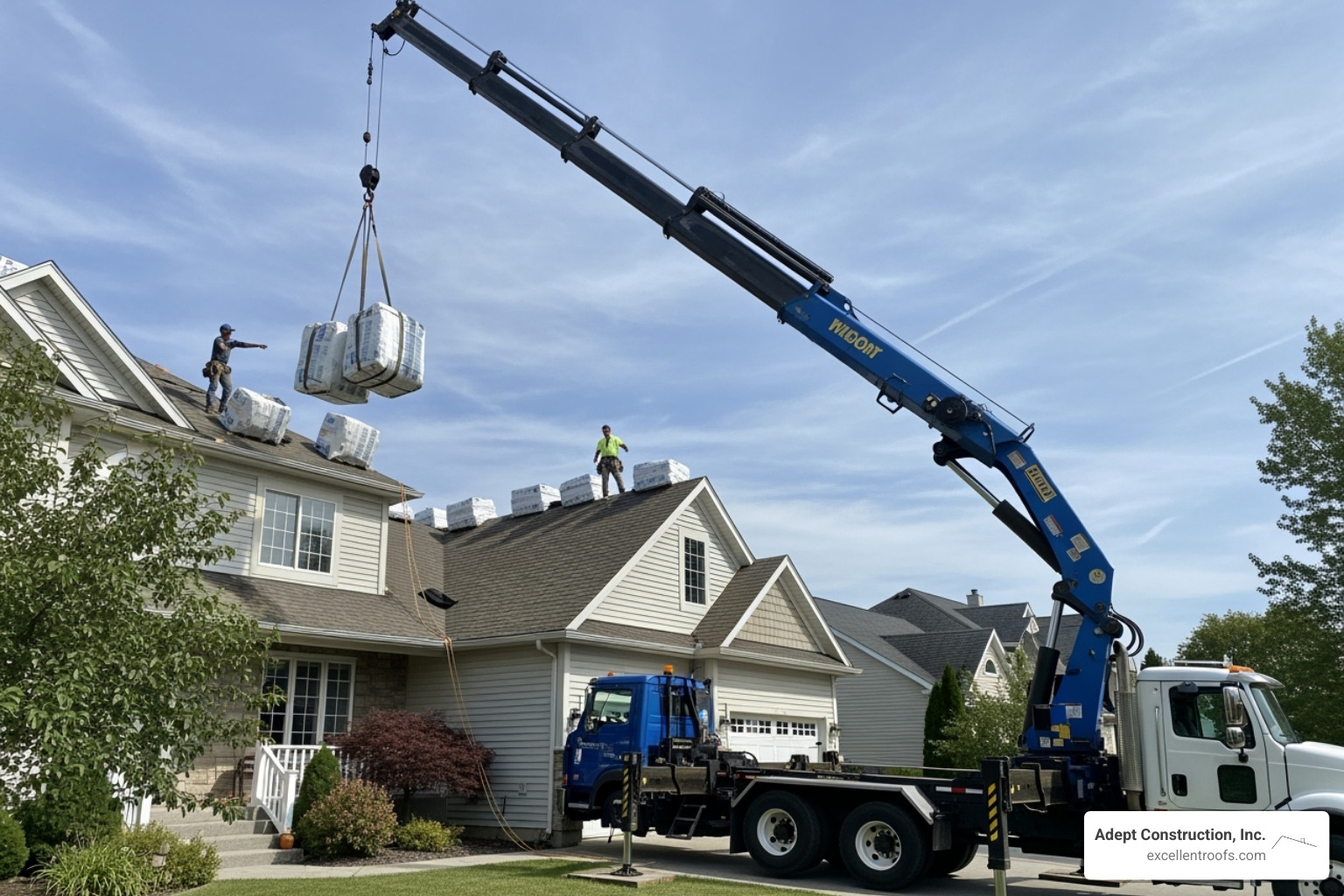 boom truck delivering shingles to a rooftop - roofing supply near me
