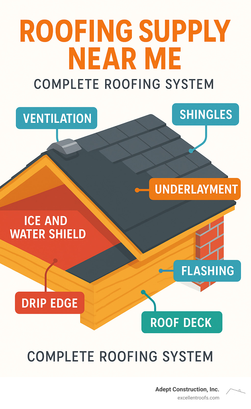 Infographic showing the complete roofing system layers from roof deck to shingles, including underlayment, ice and water shield, drip edge, flashing, and ventilation components with labels for each layer - roofing supply near me infographic 
