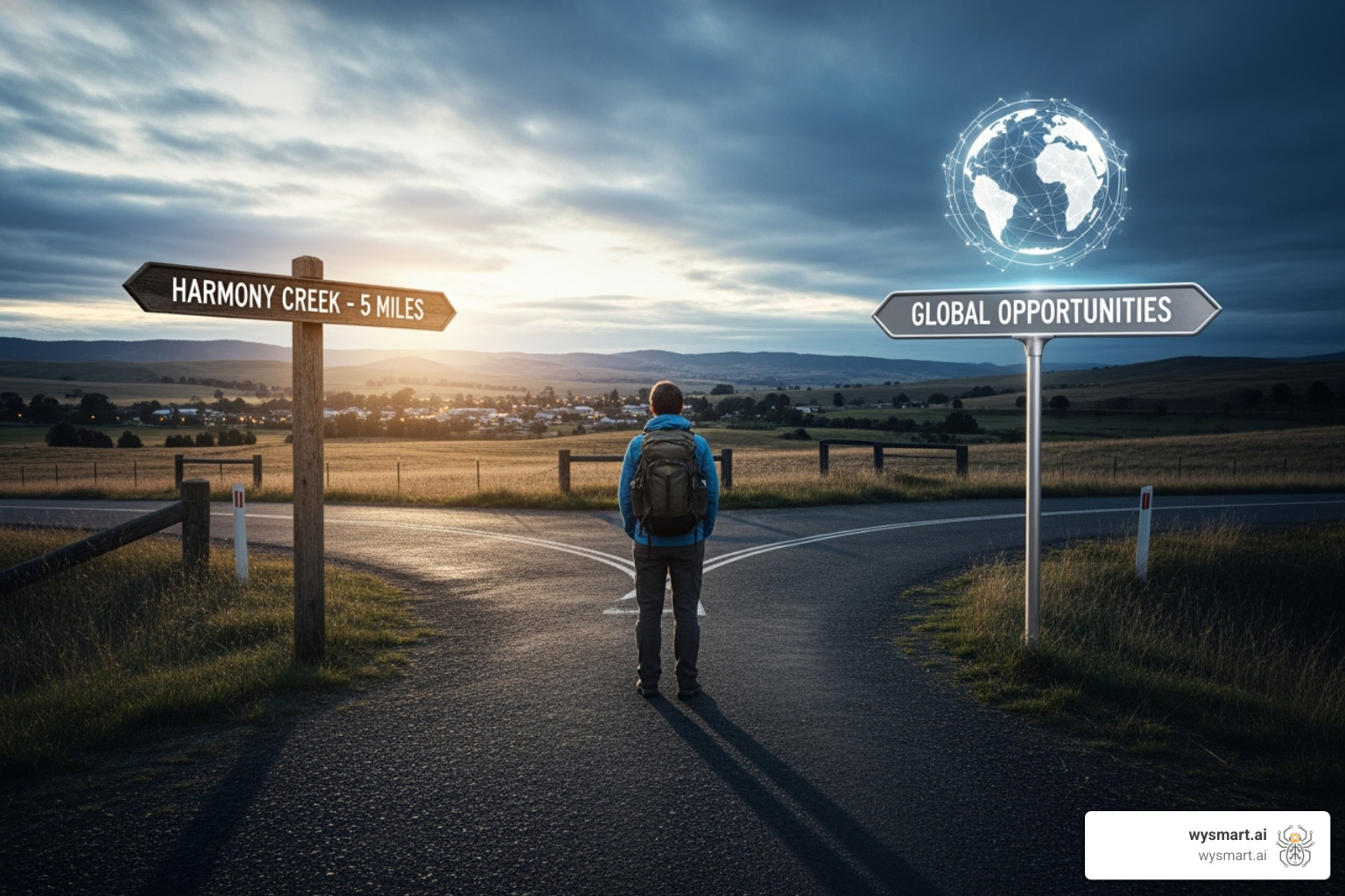 A person stands at a crossroads, one sign pointing to "Local PPC Agency" with a small town graphic, and another to "Remote PPC Agency" with a globe graphic. - ppc agency near me A person stands at a crossroads, one sign pointing to "Local PPC Agency" with a small town graphic, and another to "Remote PPC Agency" with a globe graphic. - ppc agency near me