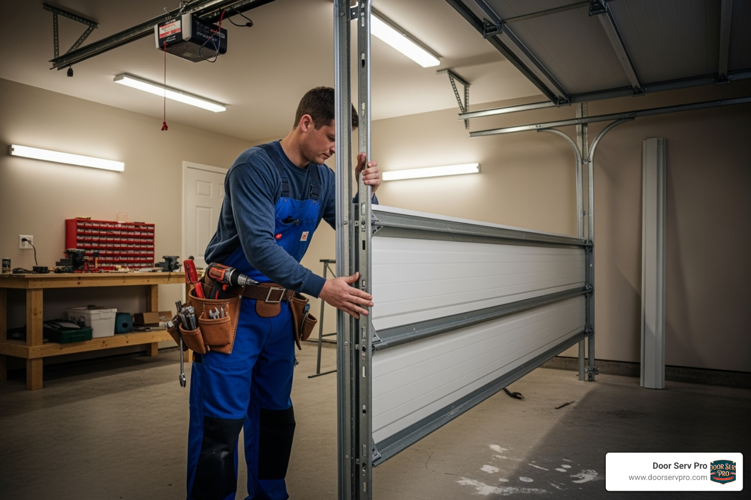 Technician fitting a garage door panel into the tracks - garage door installation process Technician fitting a garage door panel into the tracks - garage door installation process