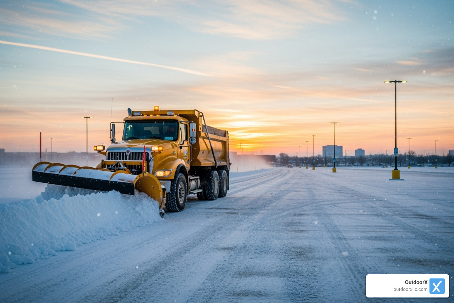 A large plow truck clearing a commercial lot at dawn - Snow removal and salting services A large plow truck clearing a commercial lot at dawn - Snow removal and salting services