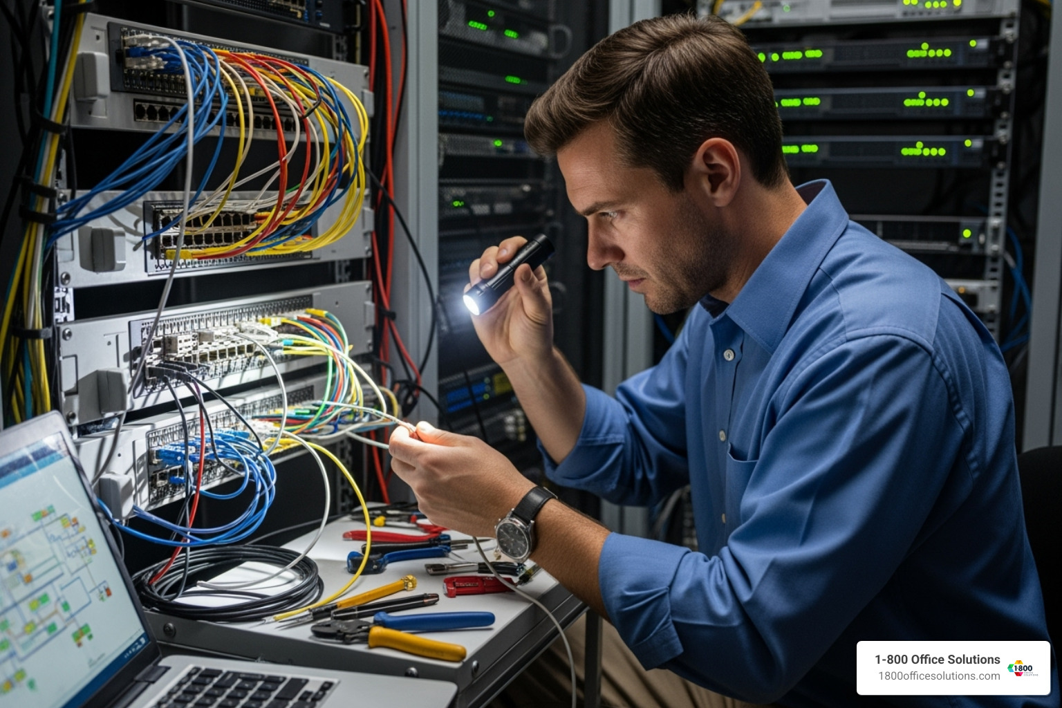 technician working on a physical phone line in a server closet - 4 line phone system for small business