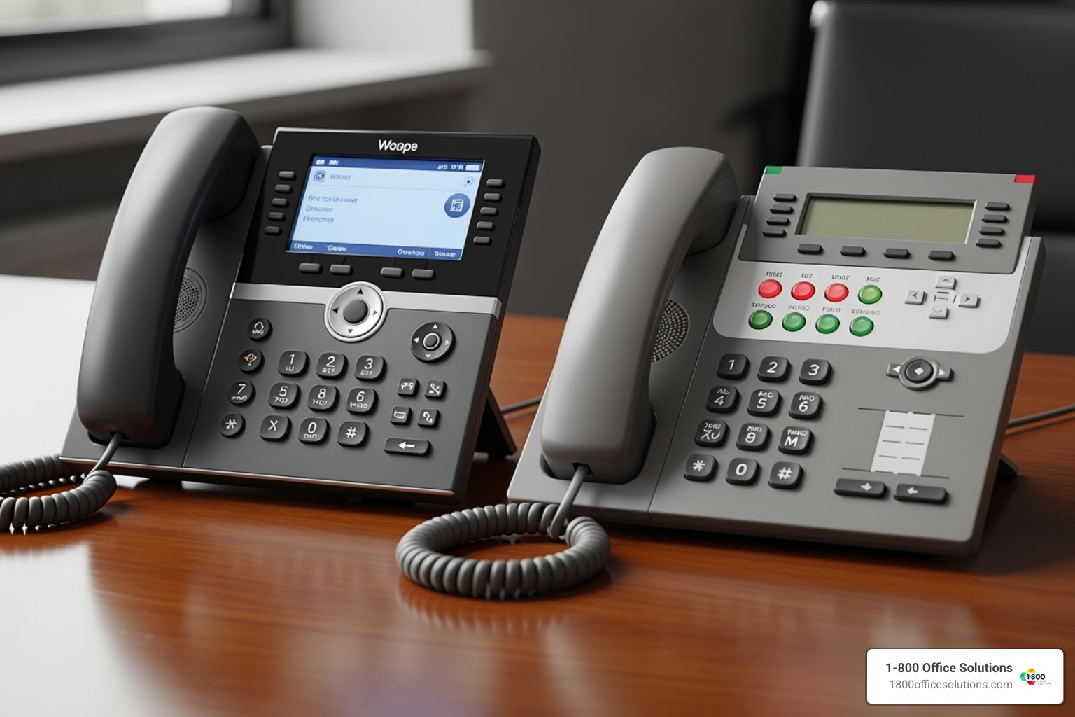 modern VoIP desk phone next to a traditional multi-line phone system - 4 line phone system for small business