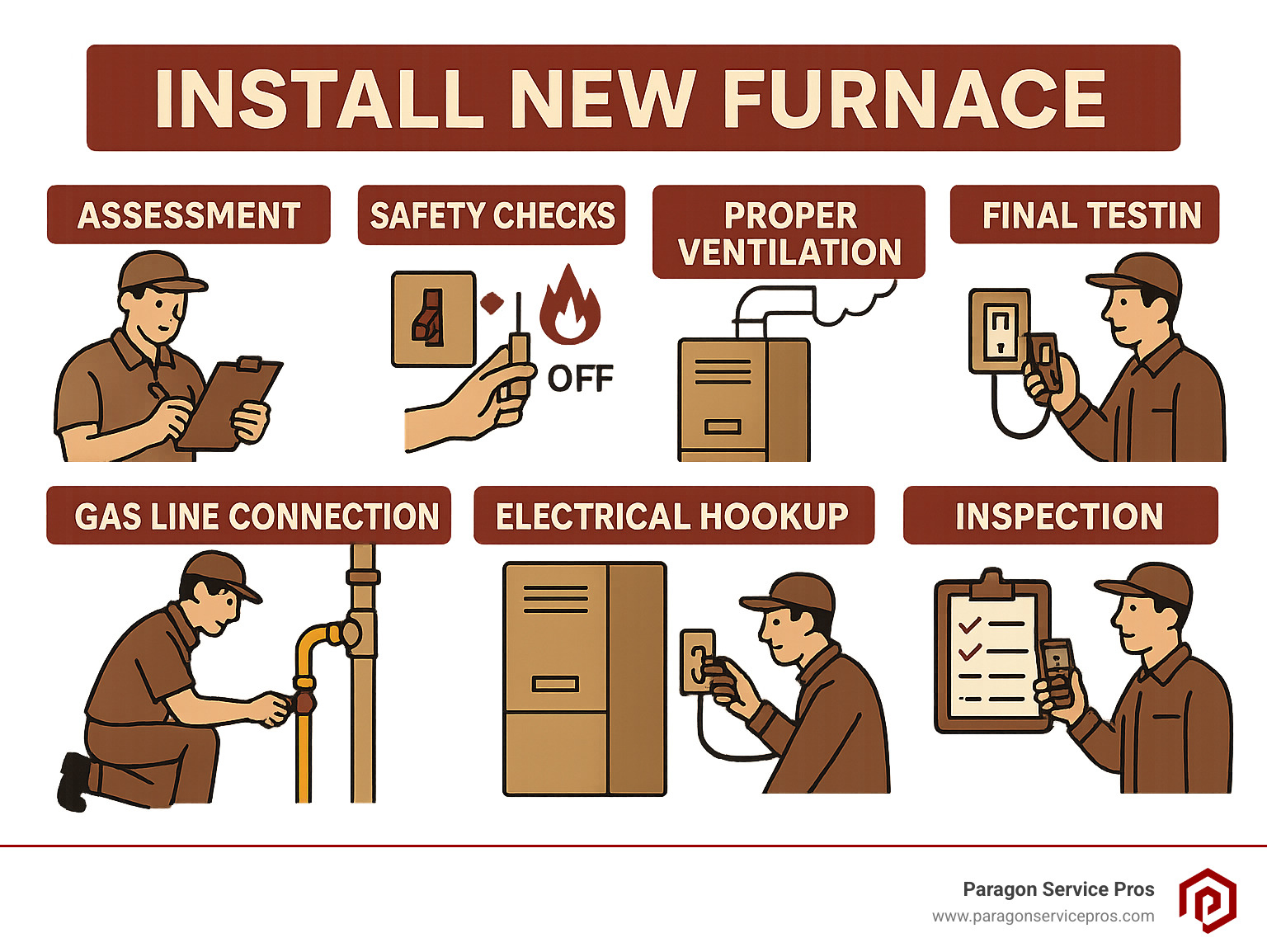 Comprehensive infographic showing the complete furnace installation process from initial assessment through final testing, including safety checks, proper ventilation requirements, gas line connections, electrical hookups, and post-installation inspection steps - Install new furnace infographic Comprehensive infographic showing the complete furnace installation process from initial assessment through final testing, including safety checks, proper ventilation requirements, gas line connections, electrical hookups, and post-installation inspection steps - Install new furnace infographic