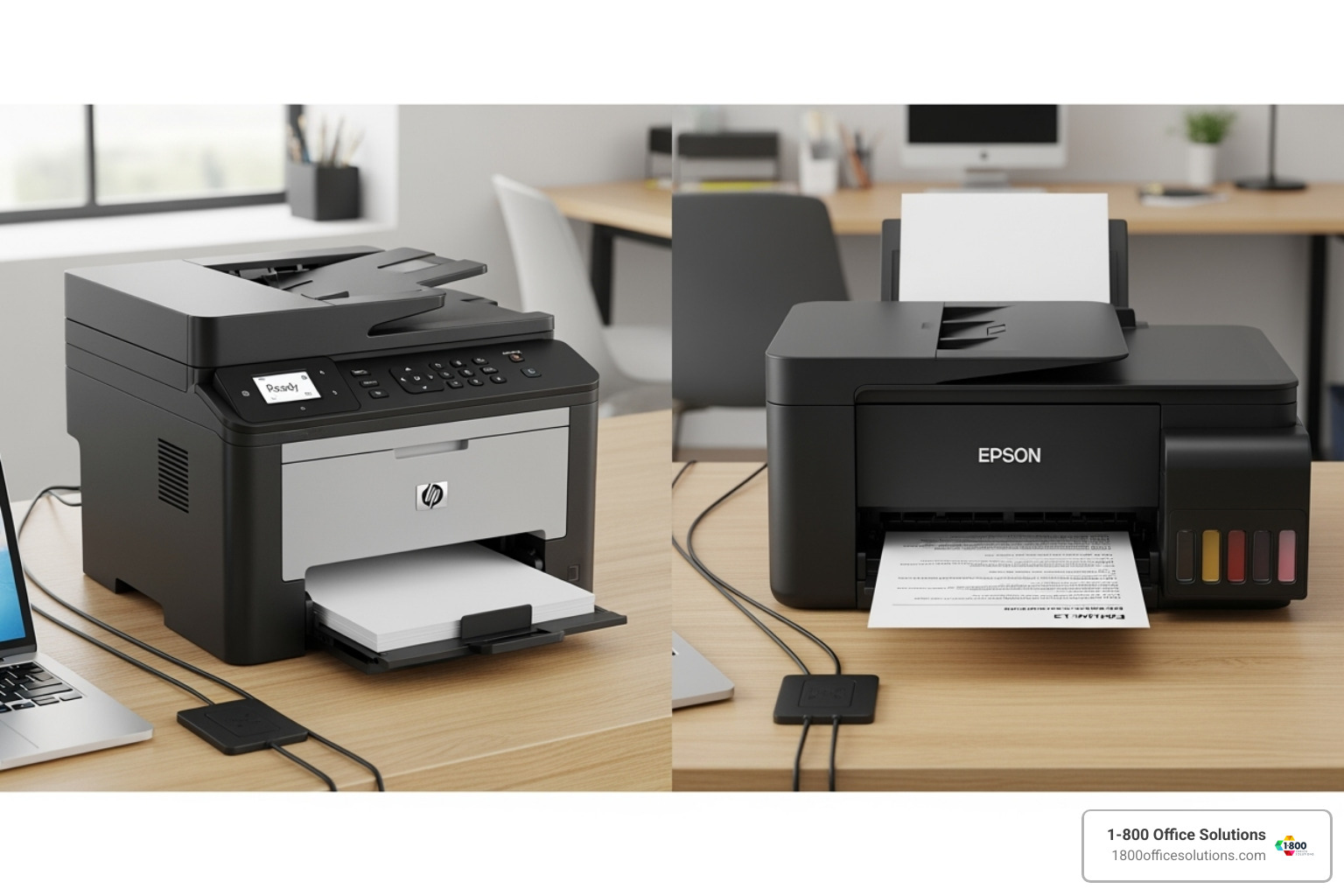 Side-by-side comparison of a monochrome laser printer and a monochrome inkjet printer - monochrome printing Side-by-side comparison of a monochrome laser printer and a monochrome inkjet printer - monochrome printing