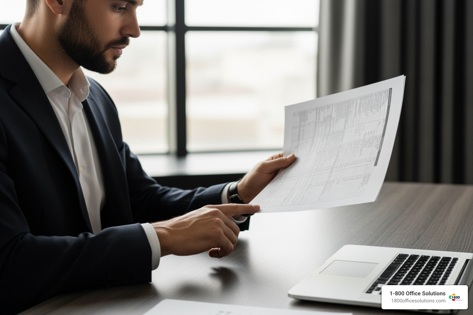 Business owner confidently reviewing a crisp, black-and-white printed report - monochrome printing Business owner confidently reviewing a crisp, black-and-white printed report - monochrome printing