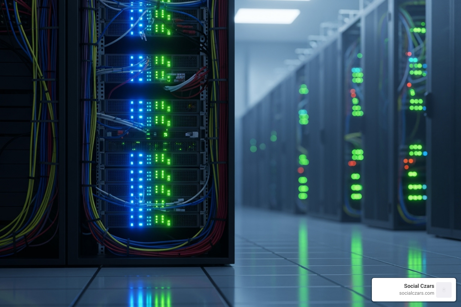 A server rack with glowing lights, representing technical SEO infrastructure - seo for criminal defense lawyers