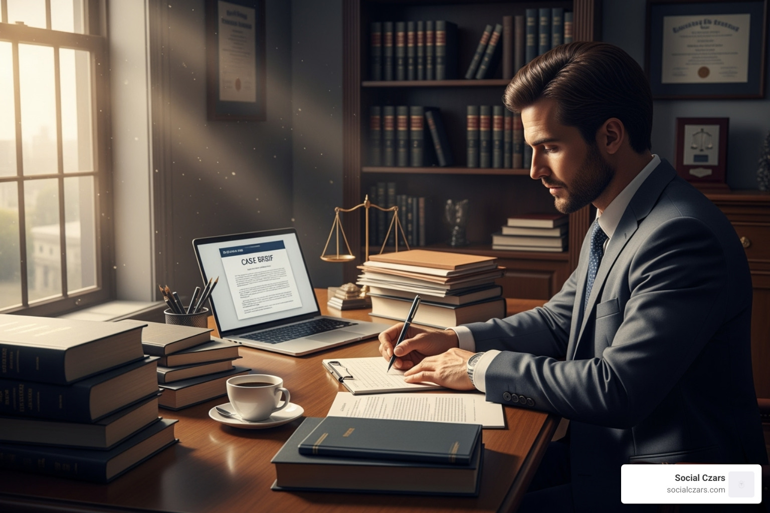An attorney writing at a desk, conveying expertise - seo for criminal defense lawyers