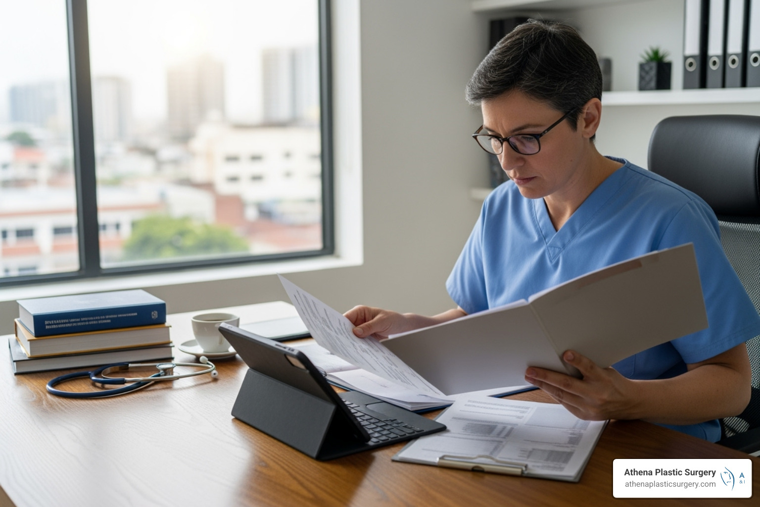 surgeon reviewing patient charts - gynecomastia surgery insurance coverage