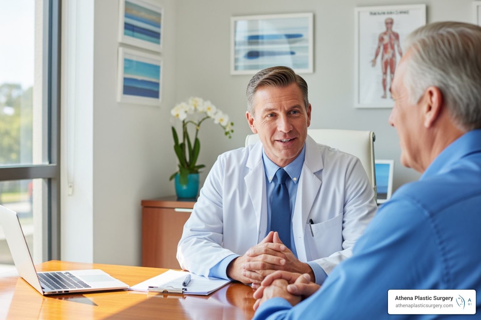 doctor consulting with a male patient - gynecomastia surgery insurance coverage