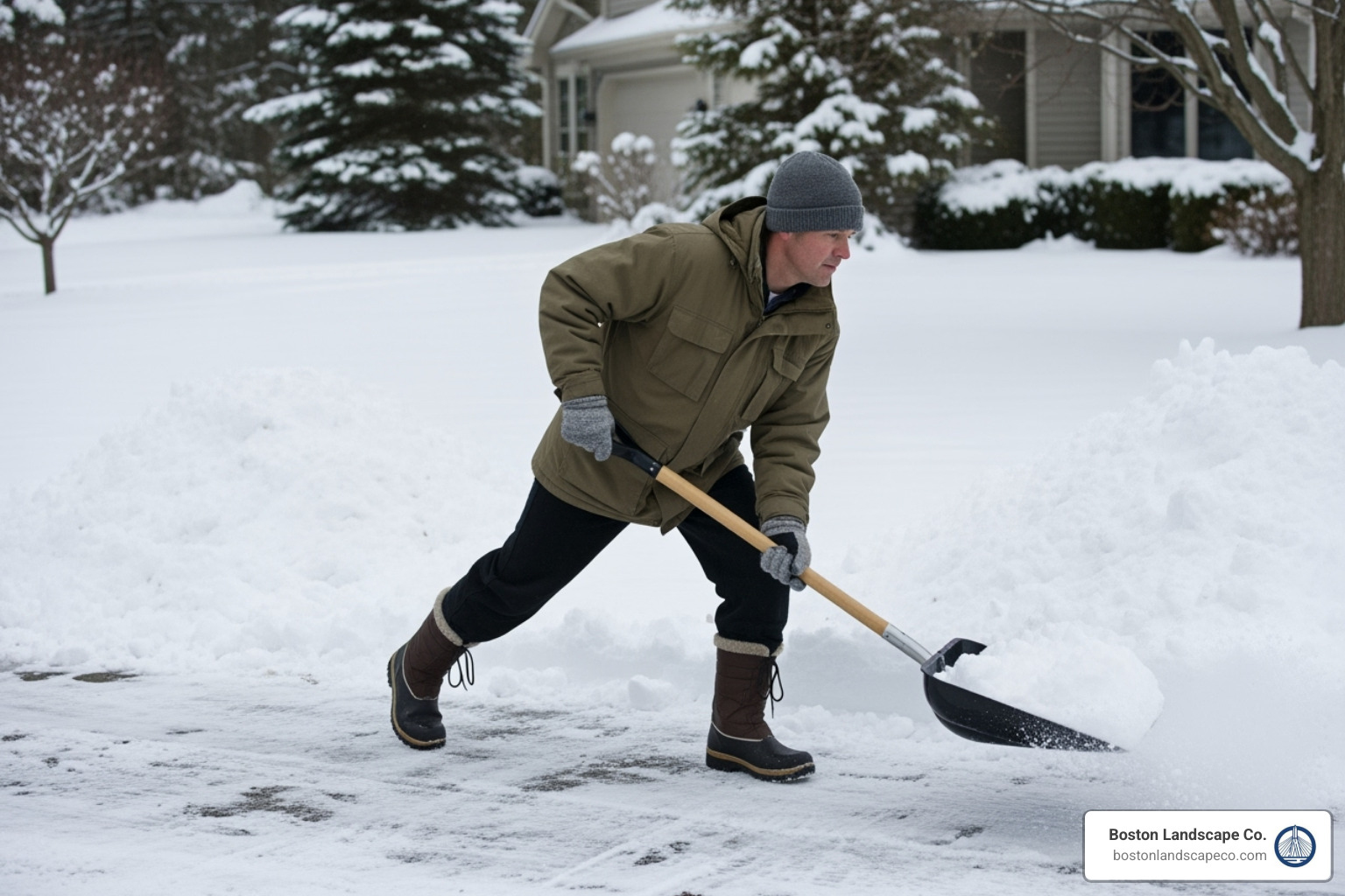 Person demonstrating proper shoveling technique with bent knees - Residential snow shoveling