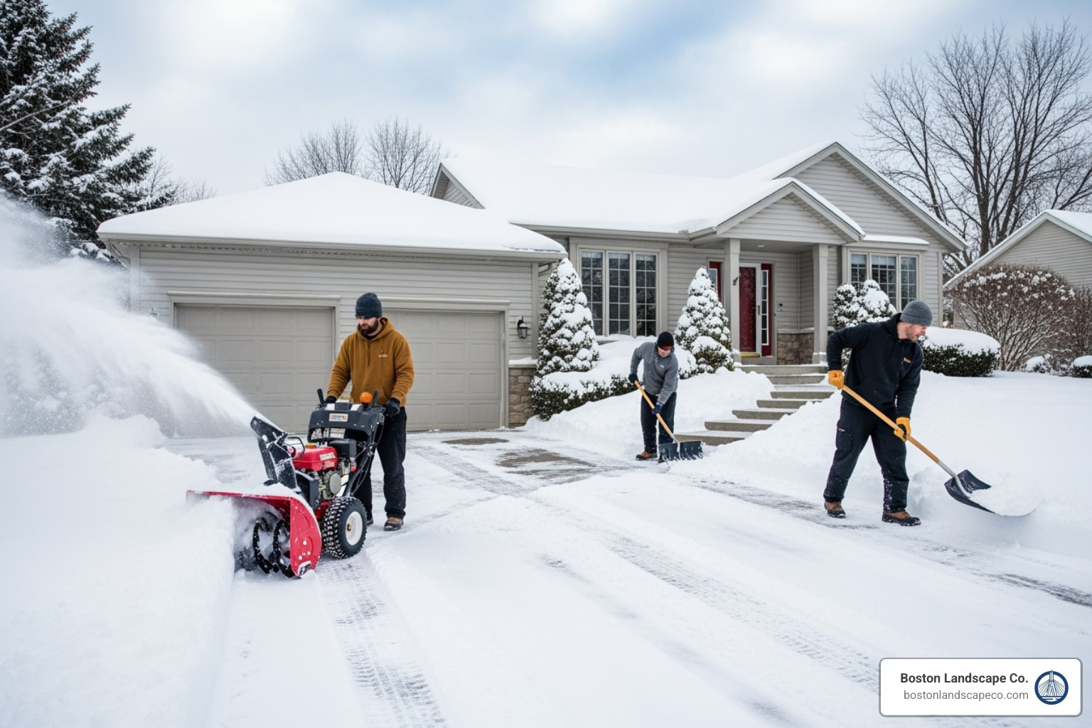 Professional snow removal team clearing a residential driveway - Residential snow shoveling