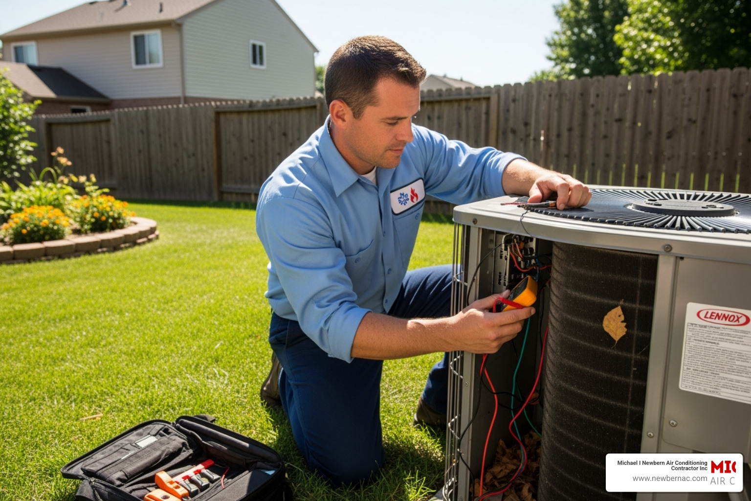 of a certified technician from Michael I Newbern Air Conditioning Contractor Inc. servicing an outdoor AC unit. - Lakeland air conditioning