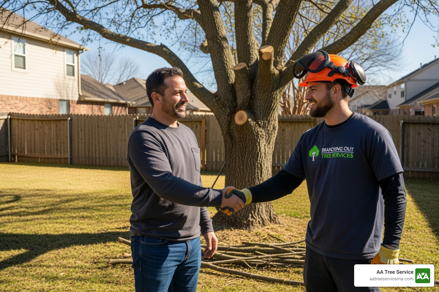 satisfied homeowner shaking hands with tree service professional - Tree Company