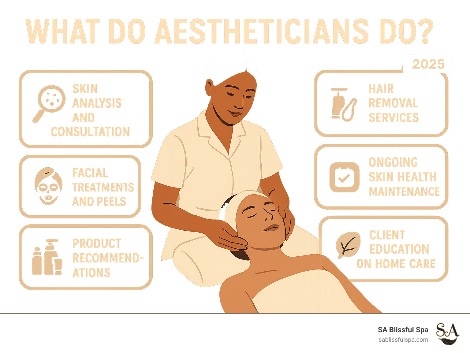 Infographic showing aesthetician roles: Skin Analysis and Consultation, Facial Treatments and Peels, Hair Removal Services, Product Recommendations, Client Education on Home Care, and Ongoing Skin Health Maintenance - what do aestheticians do infographic Infographic showing aesthetician roles: Skin Analysis and Consultation, Facial Treatments and Peels, Hair Removal Services, Product Recommendations, Client Education on Home Care, and Ongoing Skin Health Maintenance - what do aestheticians do infographic
