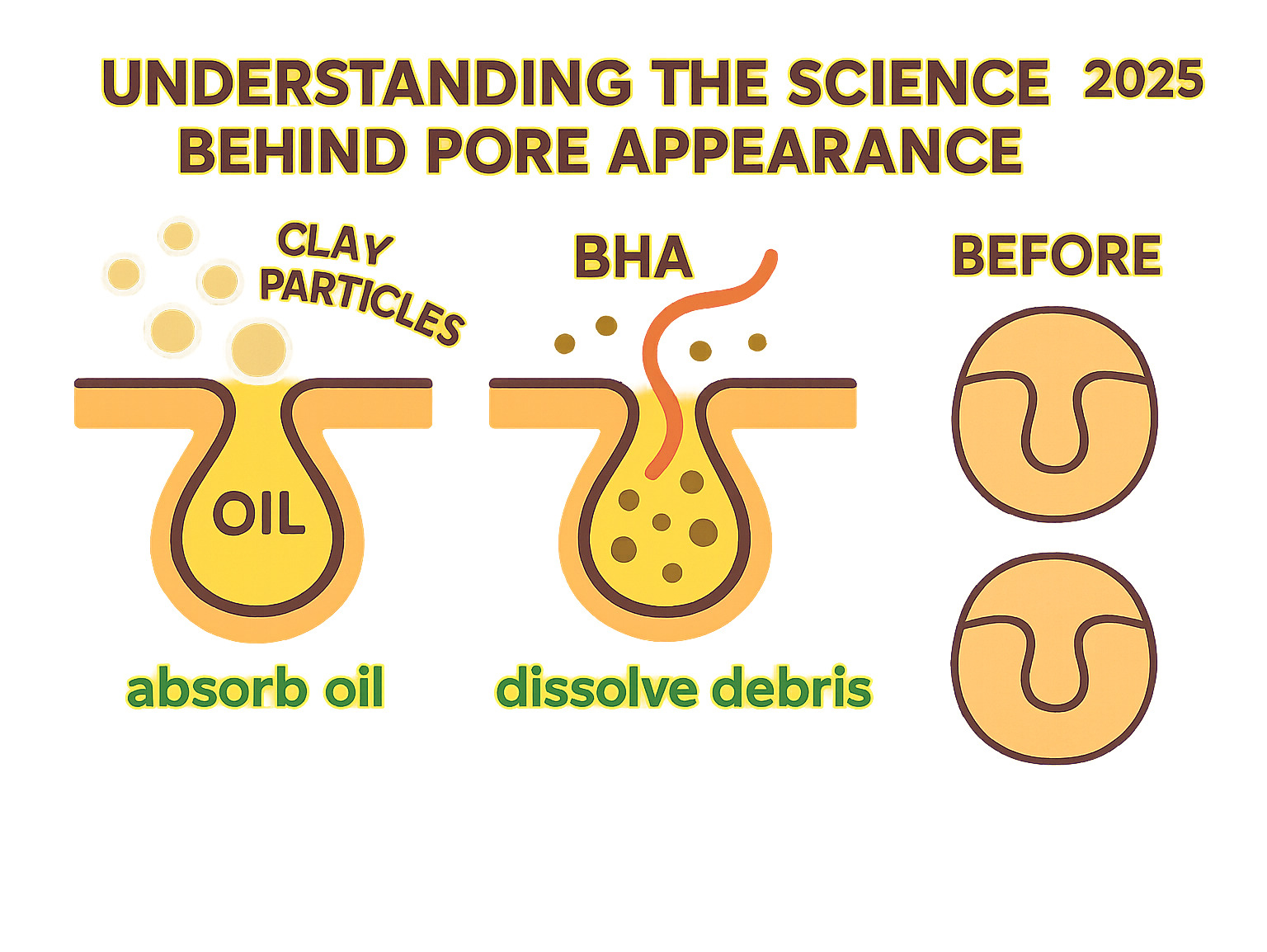 Detailed infographic showing pore structure and how different mask ingredients work to minimize appearance - clay particles absorbing oil, BHA dissolving debris, and before/after pore appearance comparison - best face masks for shrinking pores infographic 