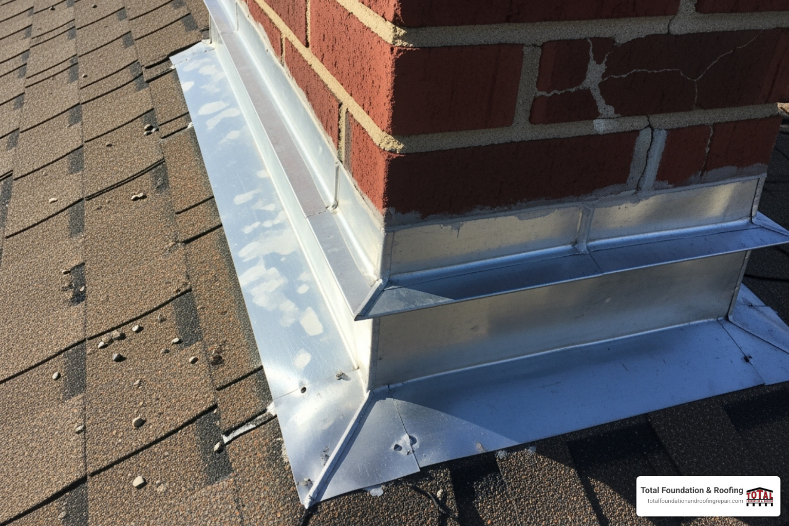 Close-up on repaired roof flashing around a chimney - estimate for roof repair