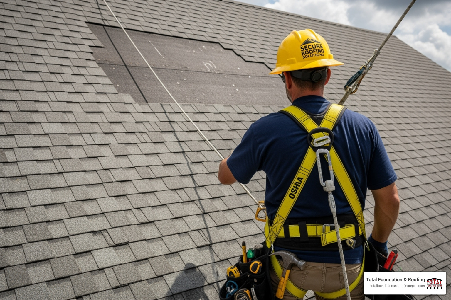 Newly repaired roof section looking clean and secure with safety harness - estimate for roof repair