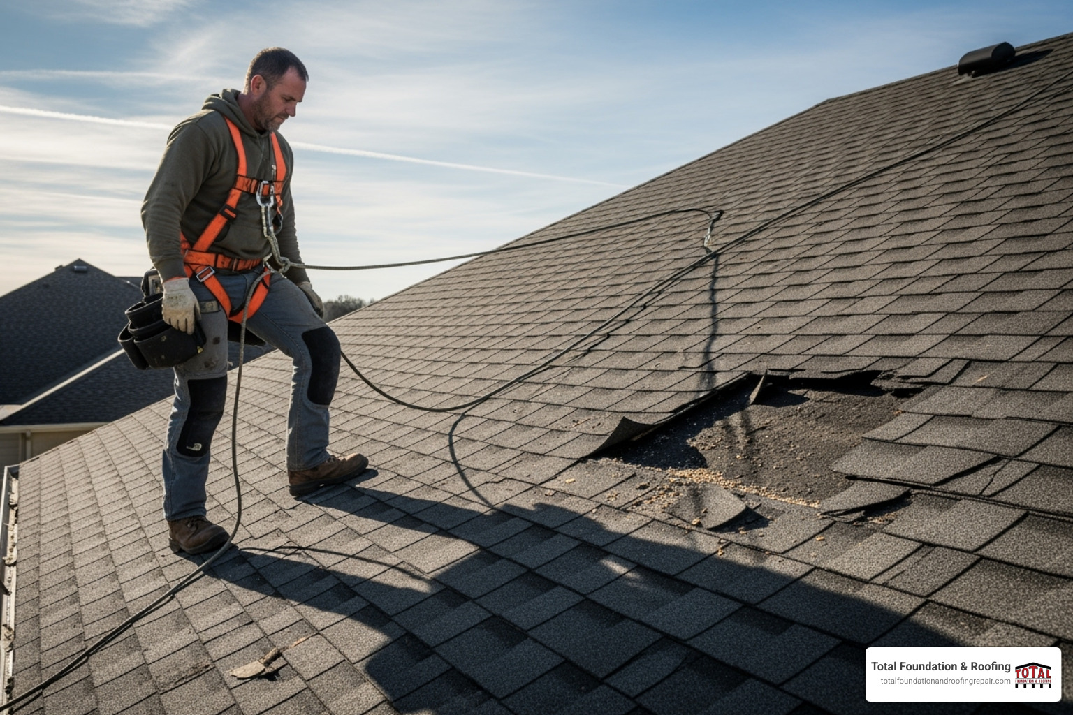 Roofer inspecting damaged asphalt shingle roof with safety harness - estimate for roof repair