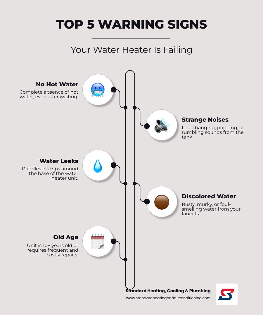 Infographic showing the top 5 warning signs your Birmingham water heater is failing: no hot water, strange noises like banging or popping, water leaks around the base, rusty or discolored water, and units over 10 years old requiring frequent repairs - hot water heater repair birmingham al infographic infographic-line-5-steps-neat_beige