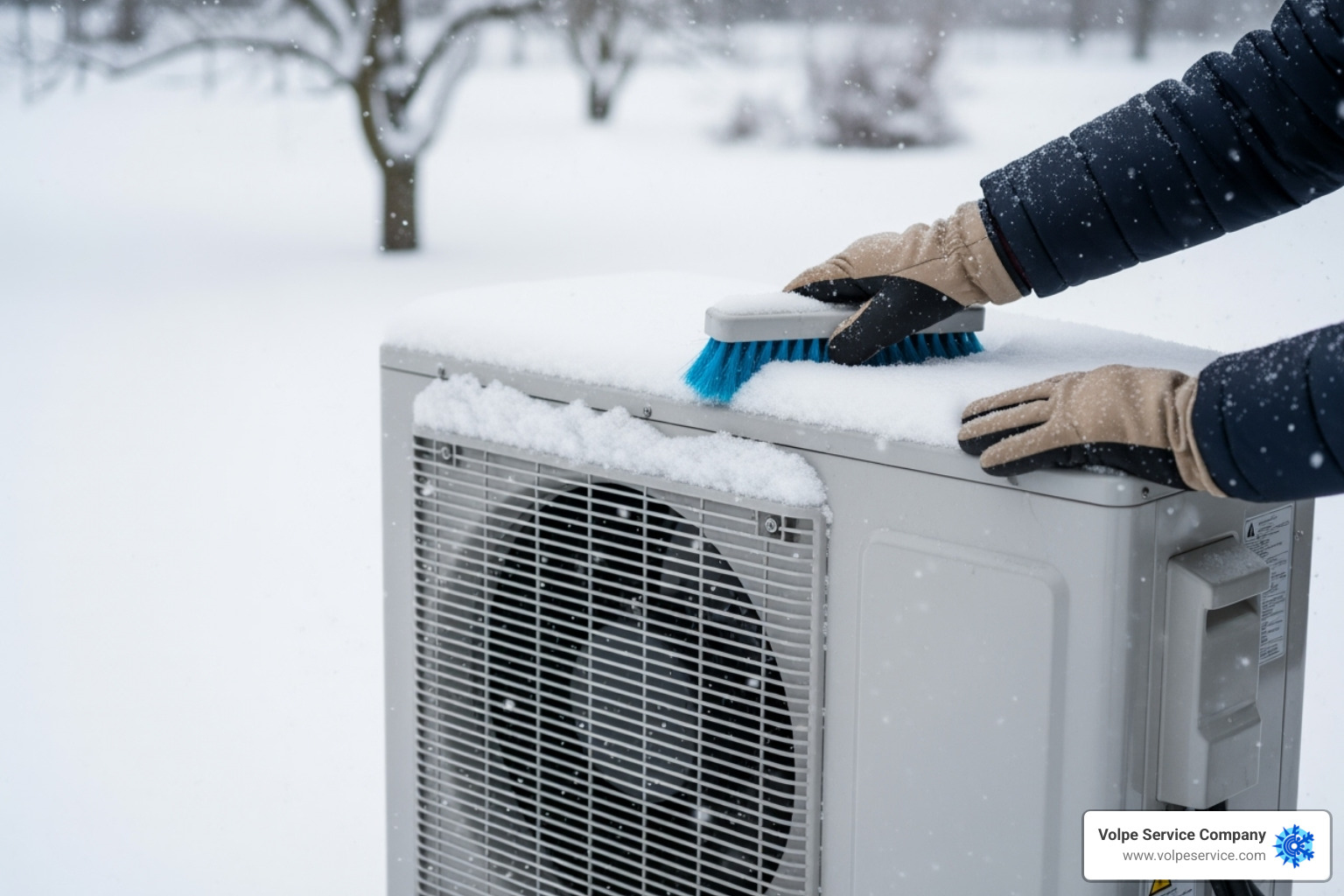 An outdoor heat pump unit with snow being gently brushed off it, highlighting winter maintenance - HVAC service Parsippany NJ An outdoor heat pump unit with snow being gently brushed off it, highlighting winter maintenance - HVAC service Parsippany NJ