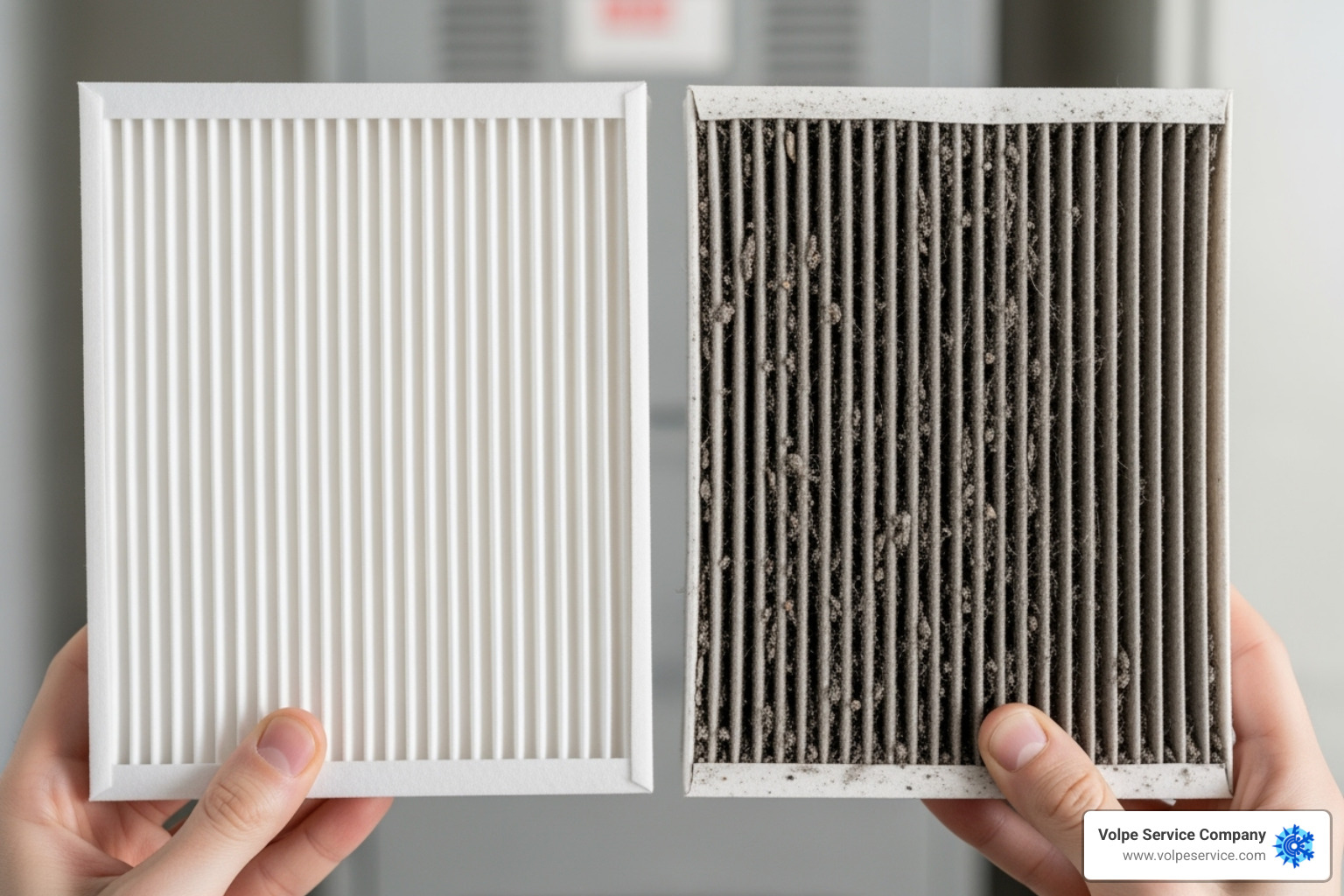 A clean air filter held next to a dirty, clogged one, illustrating the importance of regular replacement - HVAC service Parsippany NJ A clean air filter held next to a dirty, clogged one, illustrating the importance of regular replacement - HVAC service Parsippany NJ