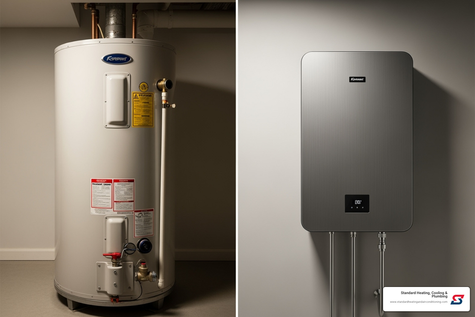 Image of a traditional tank water heater next to a modern tankless unit, illustrating the difference in size and design - hot water heater repair birmingham al