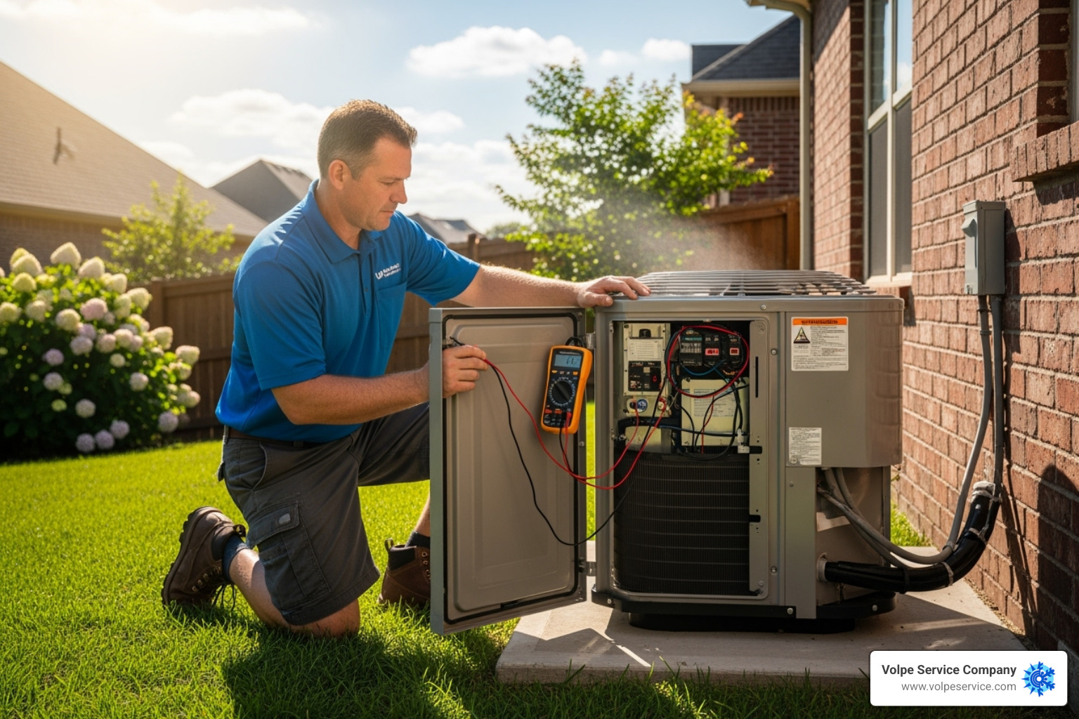 Technician inspecting an outdoor AC unit during the summer, ensuring it's ready for the heat - HVAC service Parsippany NJ Technician inspecting an outdoor AC unit during the summer, ensuring it's ready for the heat - HVAC service Parsippany NJ