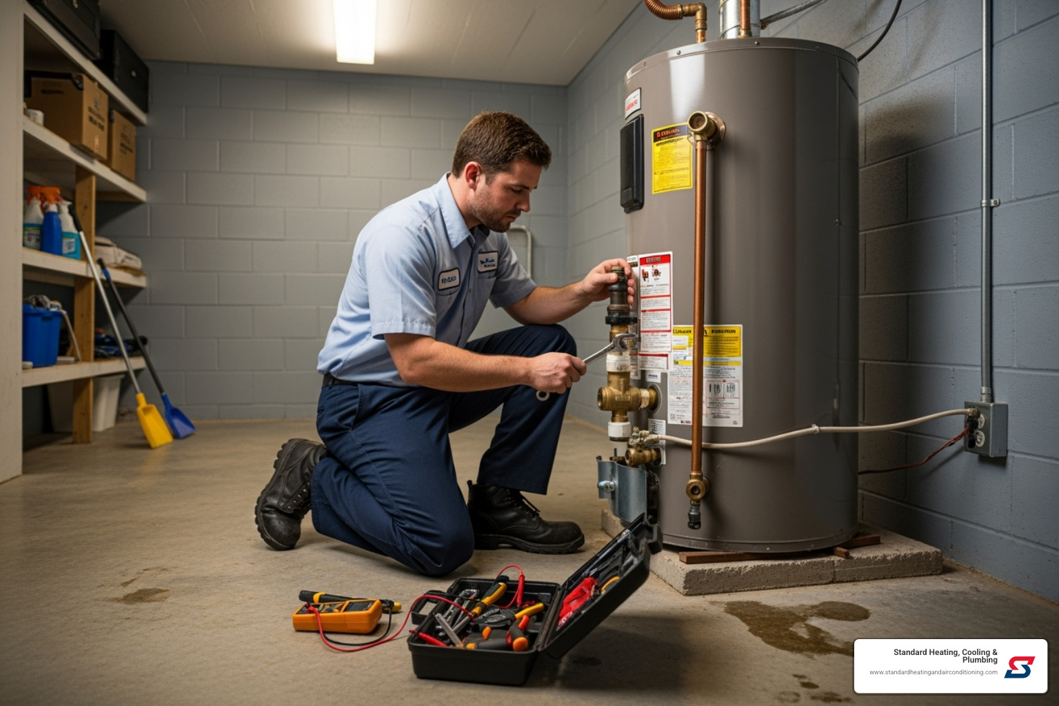 Image of a skilled technician performing maintenance on a water heater, highlighting professionalism and care - hot water heater repair birmingham al
