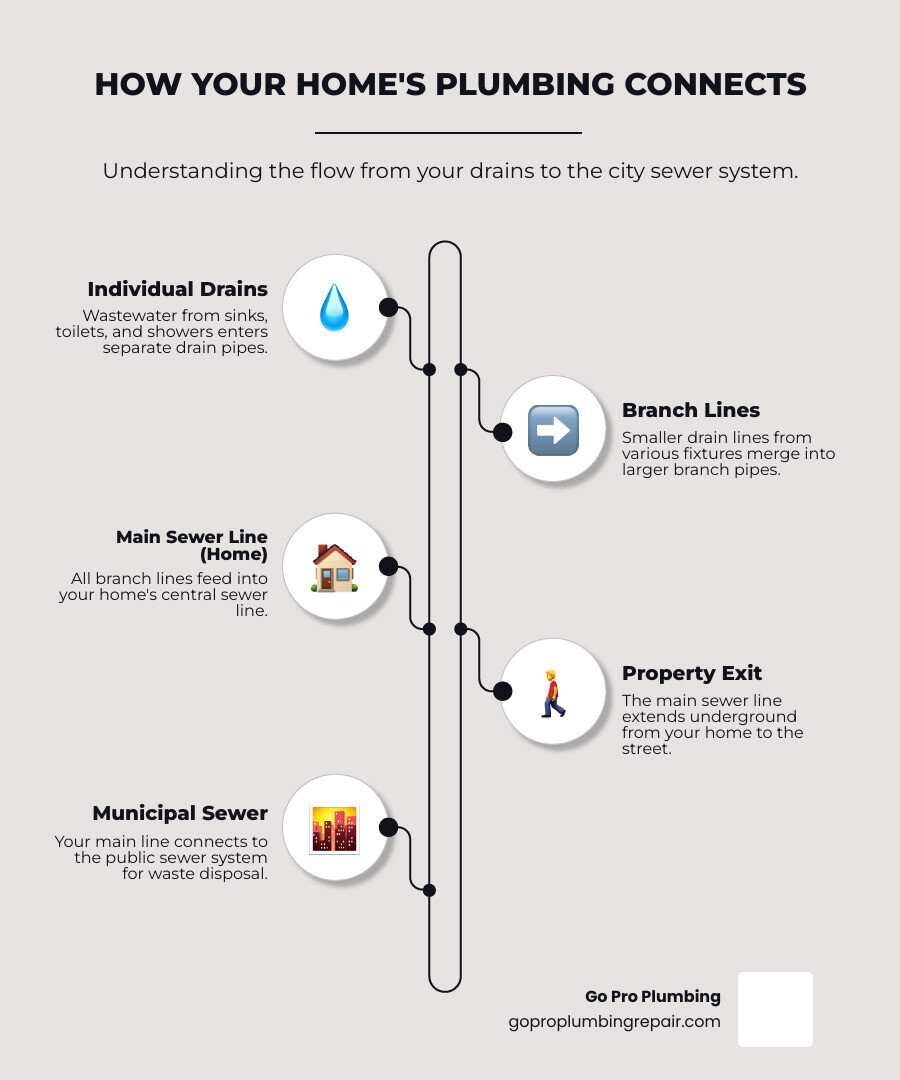 Detailed infographic showing how a home's plumbing system connects through individual drain lines to the main sewer line, then to the municipal sewer system, with callouts showing common problem areas like tree root intrusion points and grease buildup locations - clogged sewer line service infographic infographic-line-5-steps-neat_beige