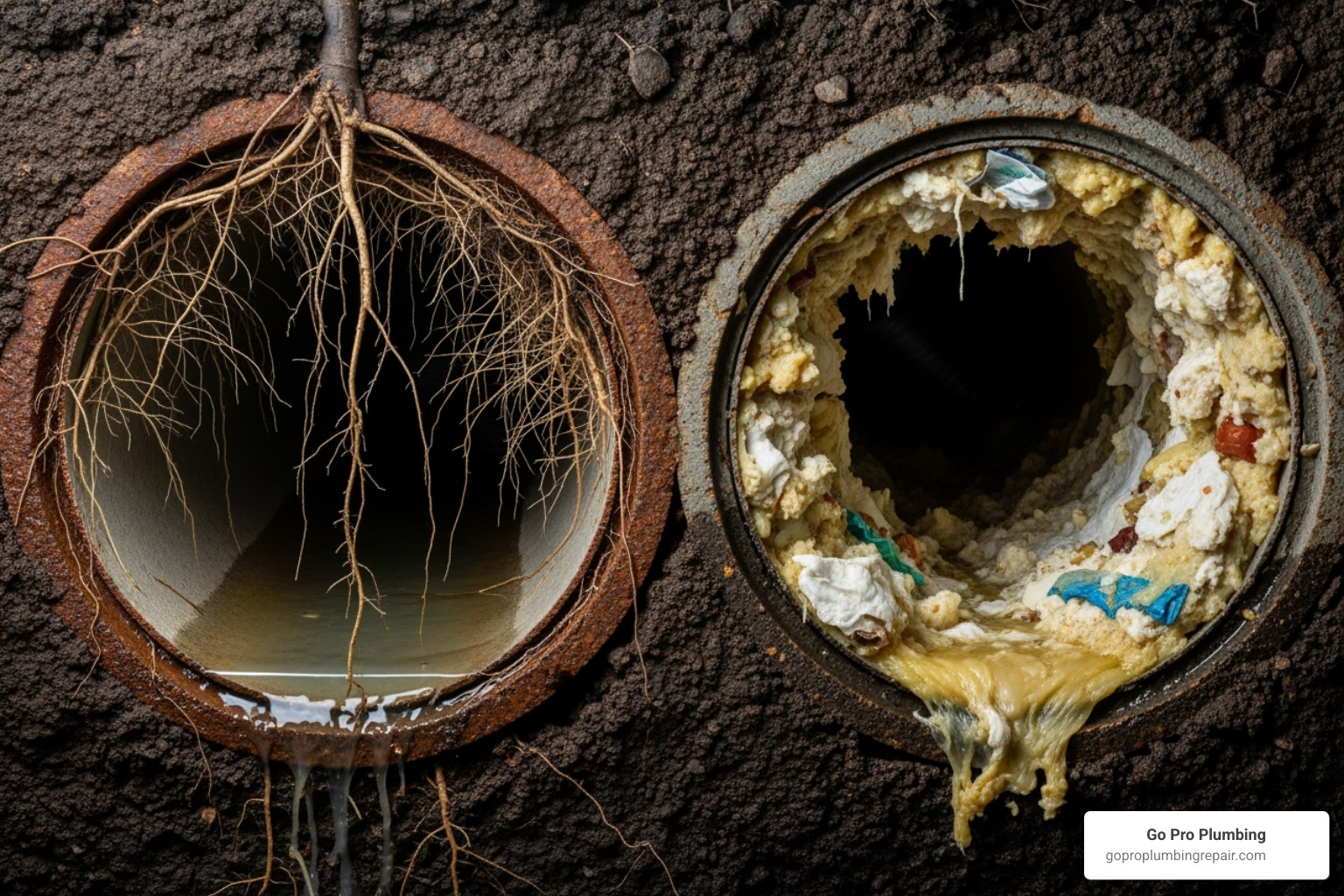 common clog culprits like tree roots invading a pipe and a cross-section of a pipe blocked by grease - clogged sewer line service