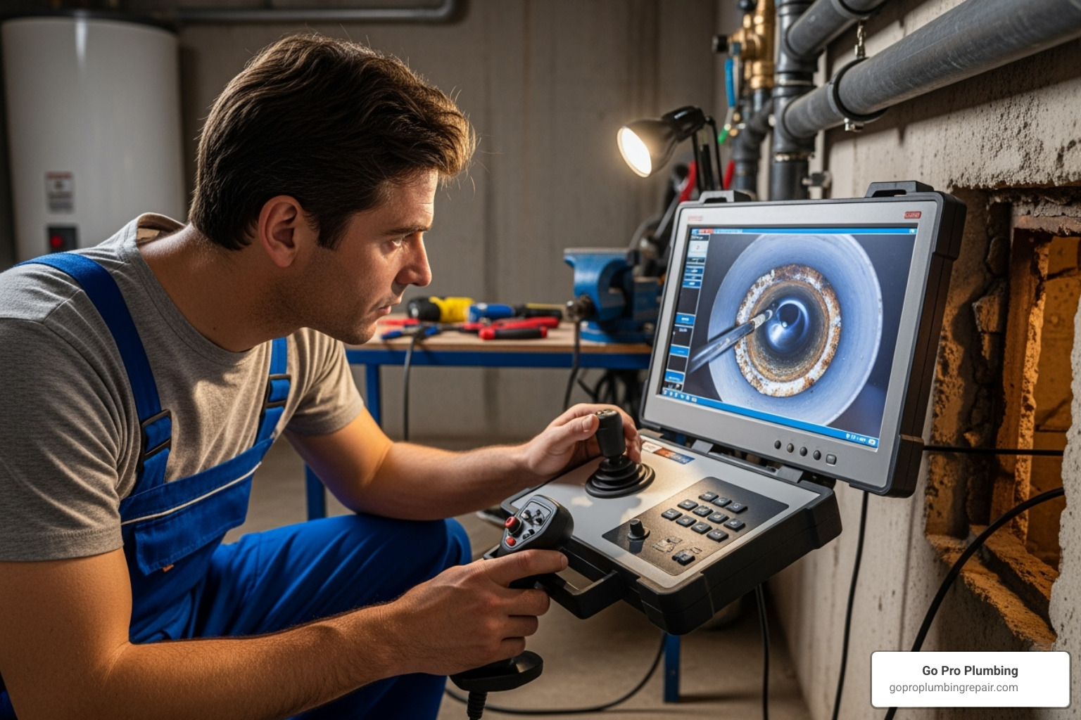 a plumber using a video camera inspection tool on a monitor - clogged sewer line service