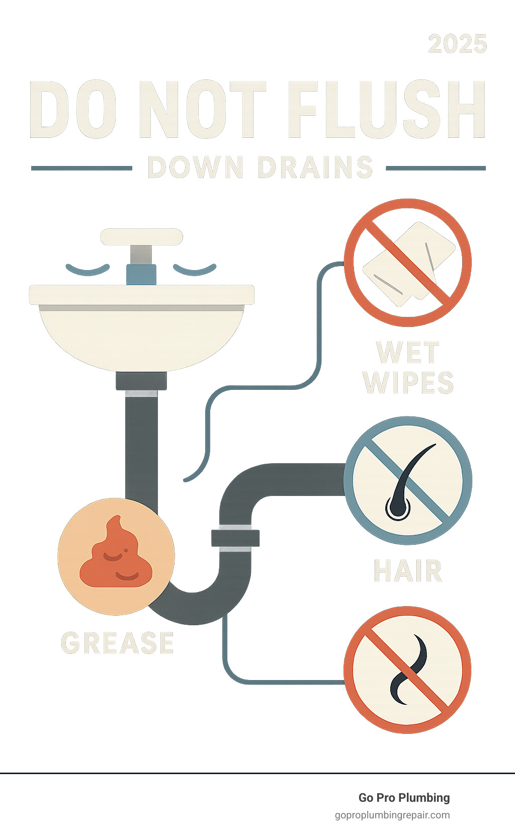 Infographic showing common household items that should not be flushed down drains, such as grease, wet wipes, and hair - clogged sewer line service infographic 
