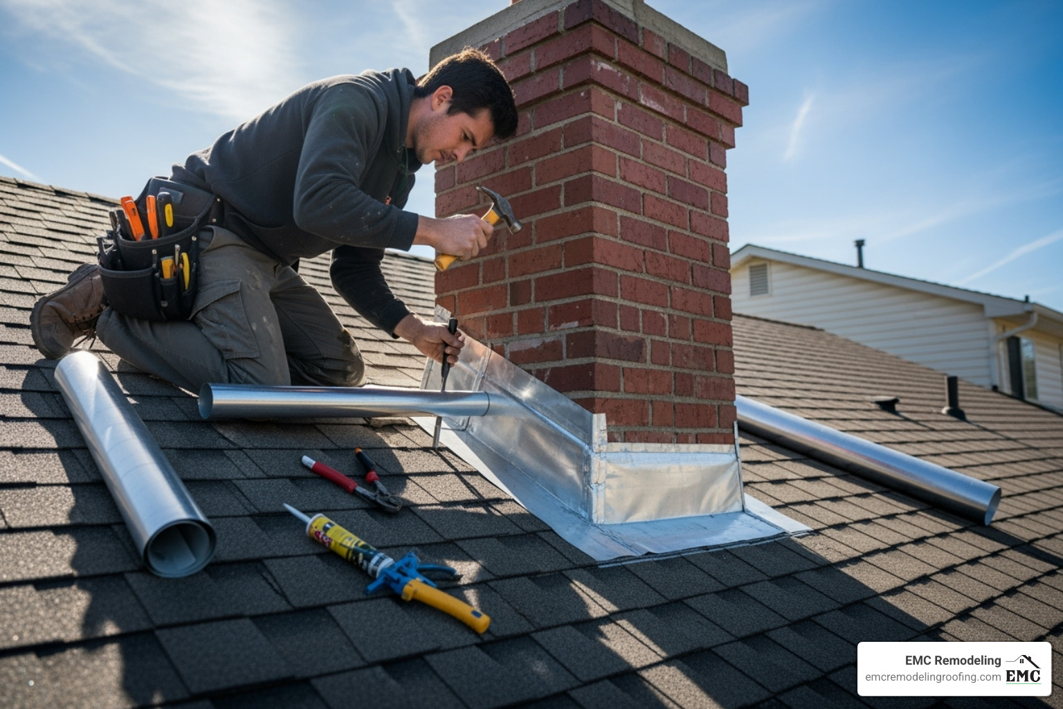 roofer installing new flashing around a chimney - price of a new roof roofer installing new flashing around a chimney - price of a new roof