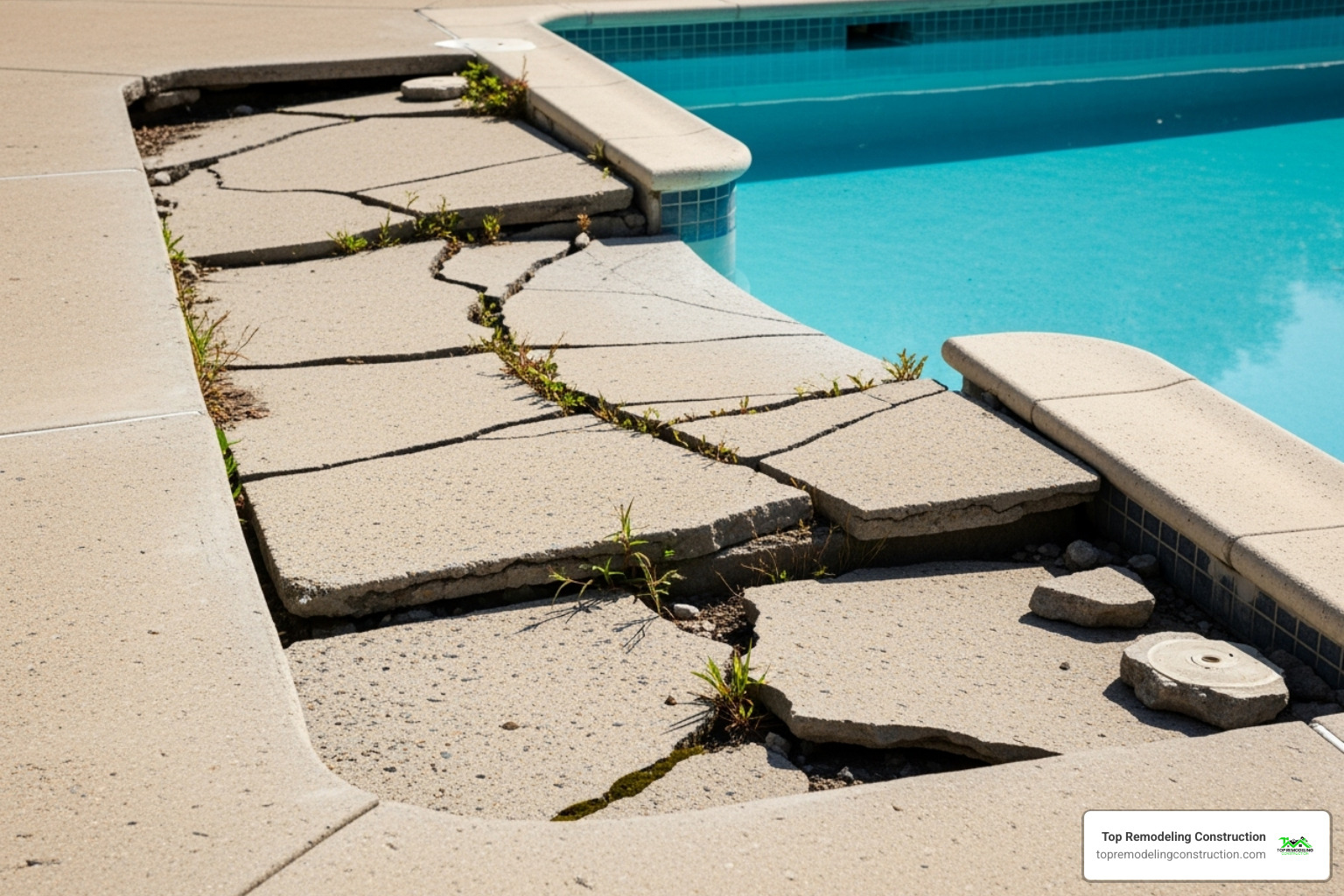 A cracked and sunken concrete pool deck showing a clear tripping hazard - pool and deck remodeling A cracked and sunken concrete pool deck showing a clear tripping hazard - pool and deck remodeling