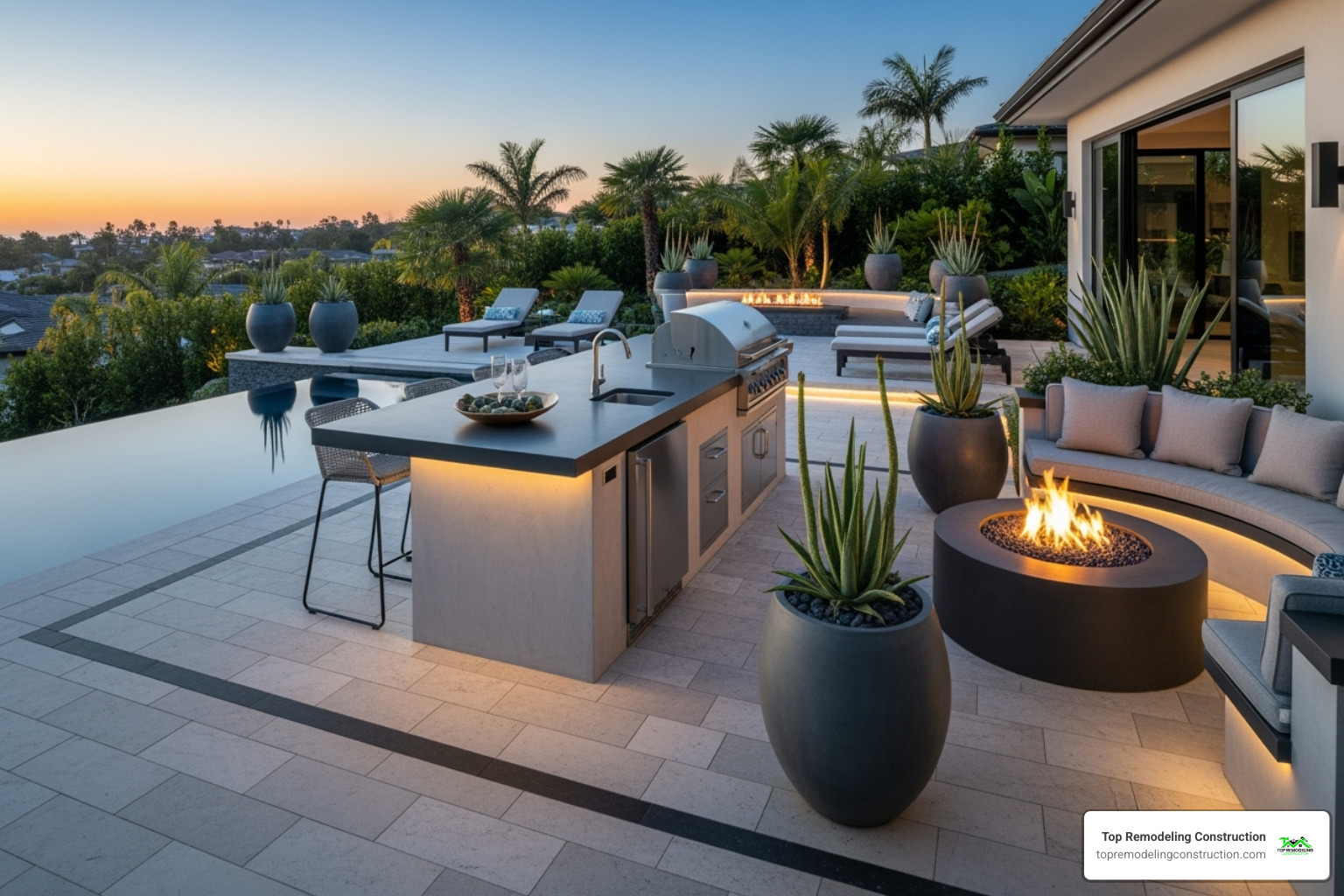 A modern pool deck with an integrated outdoor kitchen and fire pit - pool and deck remodeling A modern pool deck with an integrated outdoor kitchen and fire pit - pool and deck remodeling