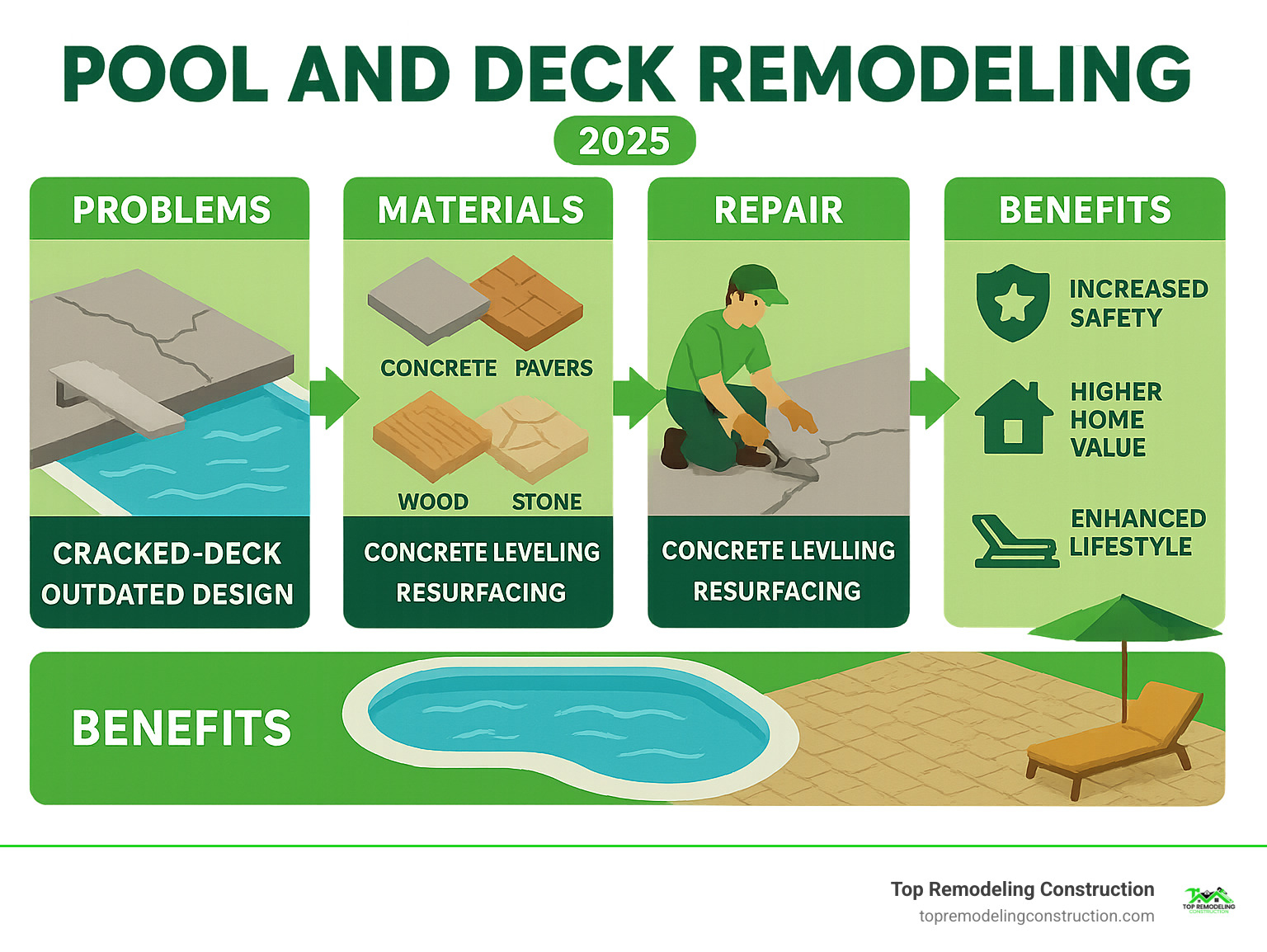 Comprehensive infographic showing the pool and deck remodeling process from problem identification through material selection, repair options, design considerations, and final benefits including increased safety, home value, and lifestyle improvements - pool and deck remodeling infographic Comprehensive infographic showing the pool and deck remodeling process from problem identification through material selection, repair options, design considerations, and final benefits including increased safety, home value, and lifestyle improvements - pool and deck remodeling infographic