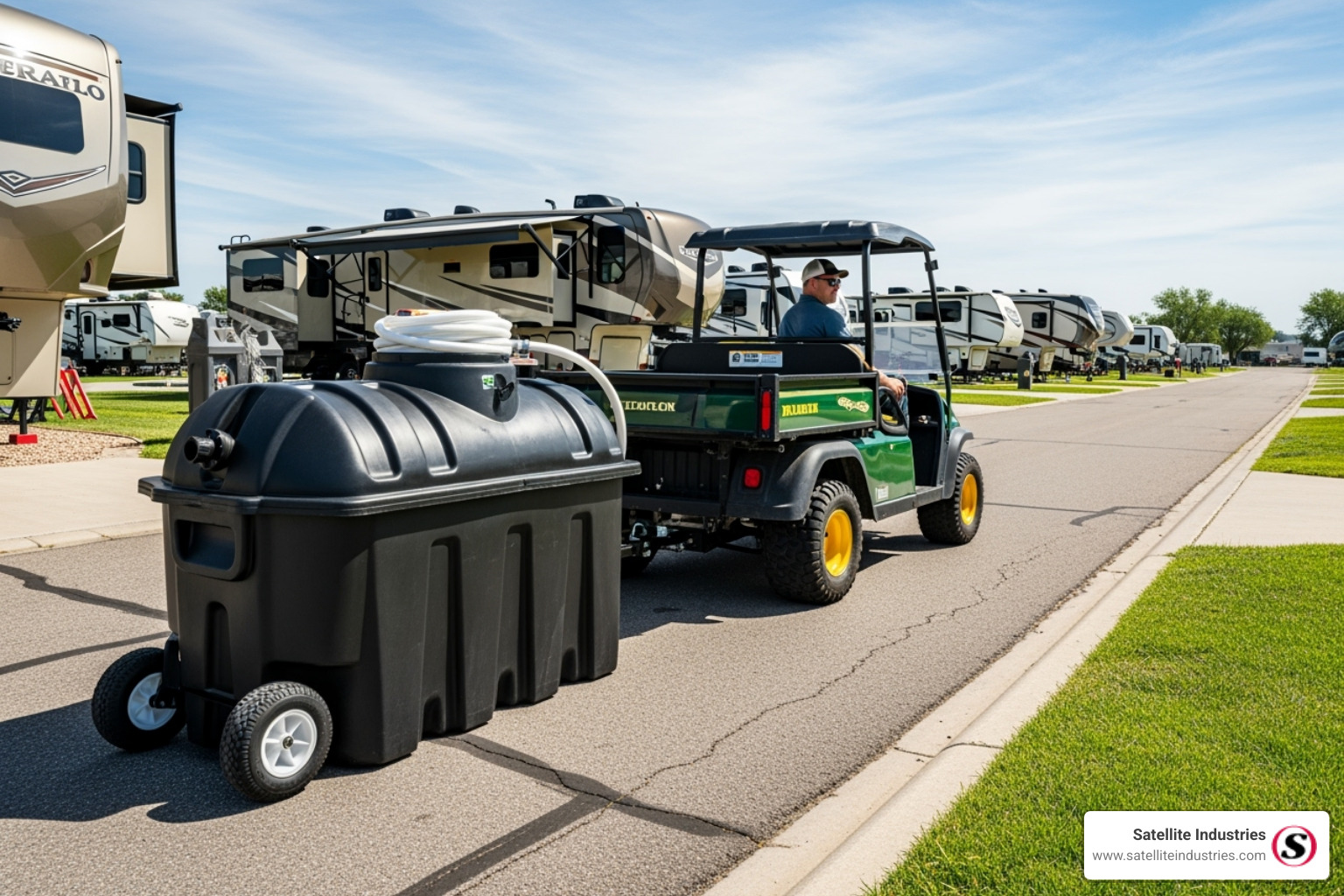 Portable RV waste tank being towed by a utility vehicle - 28 gallon portable rv waste tank