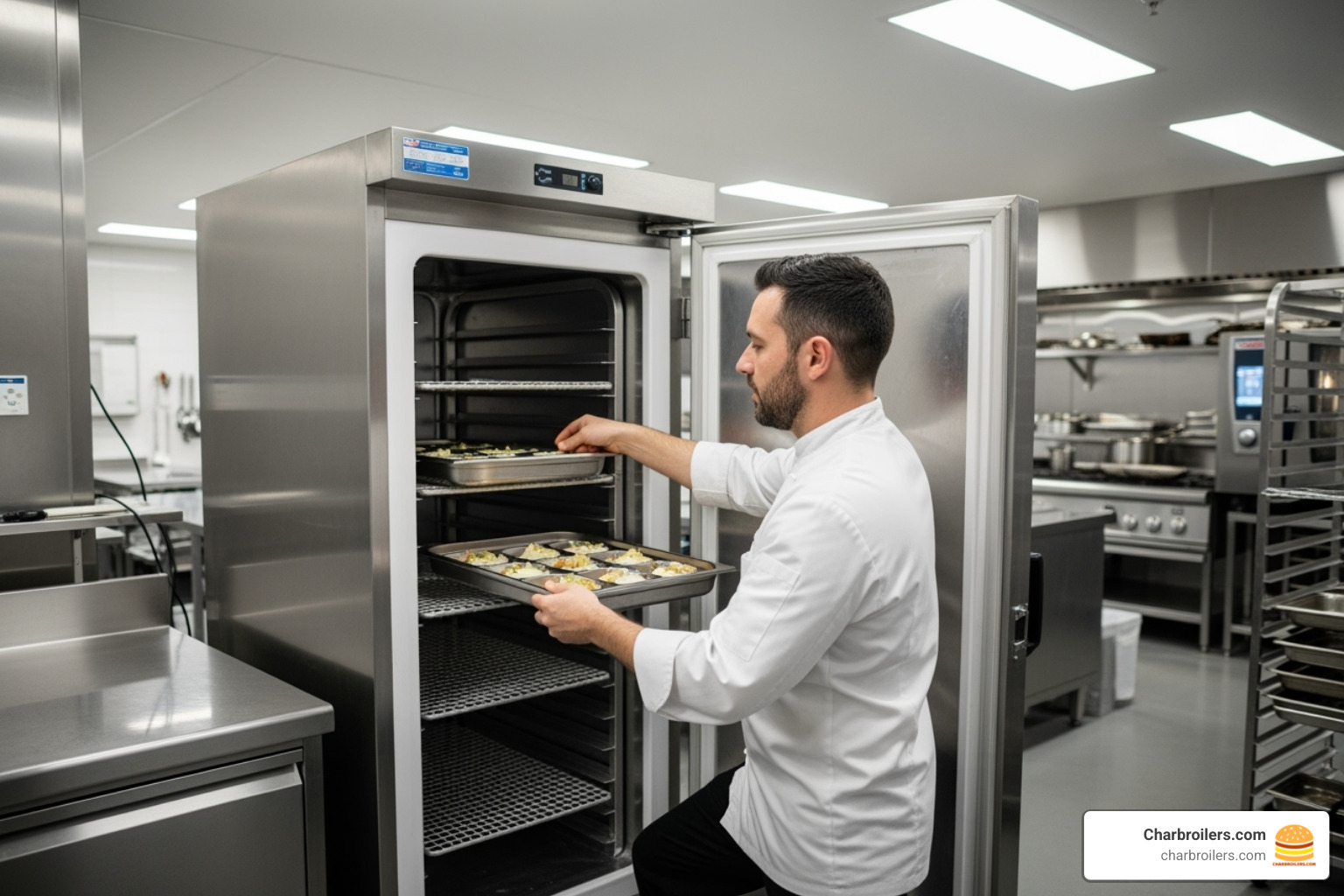 chef placing tray of food into a reach-in blast freezer - blast freezer commercial