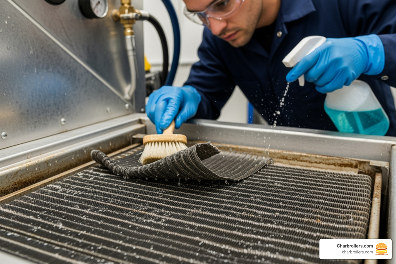 technician performing maintenance on a blast freezer's condenser coil - blast freezer commercial