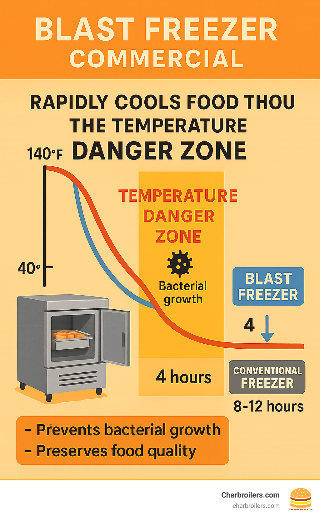 Infographic showing blast freezer rapidly cooling food through the Temperature Danger Zone (140°F to 40°F) in 4 hours versus conventional freezer taking 8-12 hours, with bacterial growth prevention timeline and food quality preservation benefits - blast freezer commercial infographic 