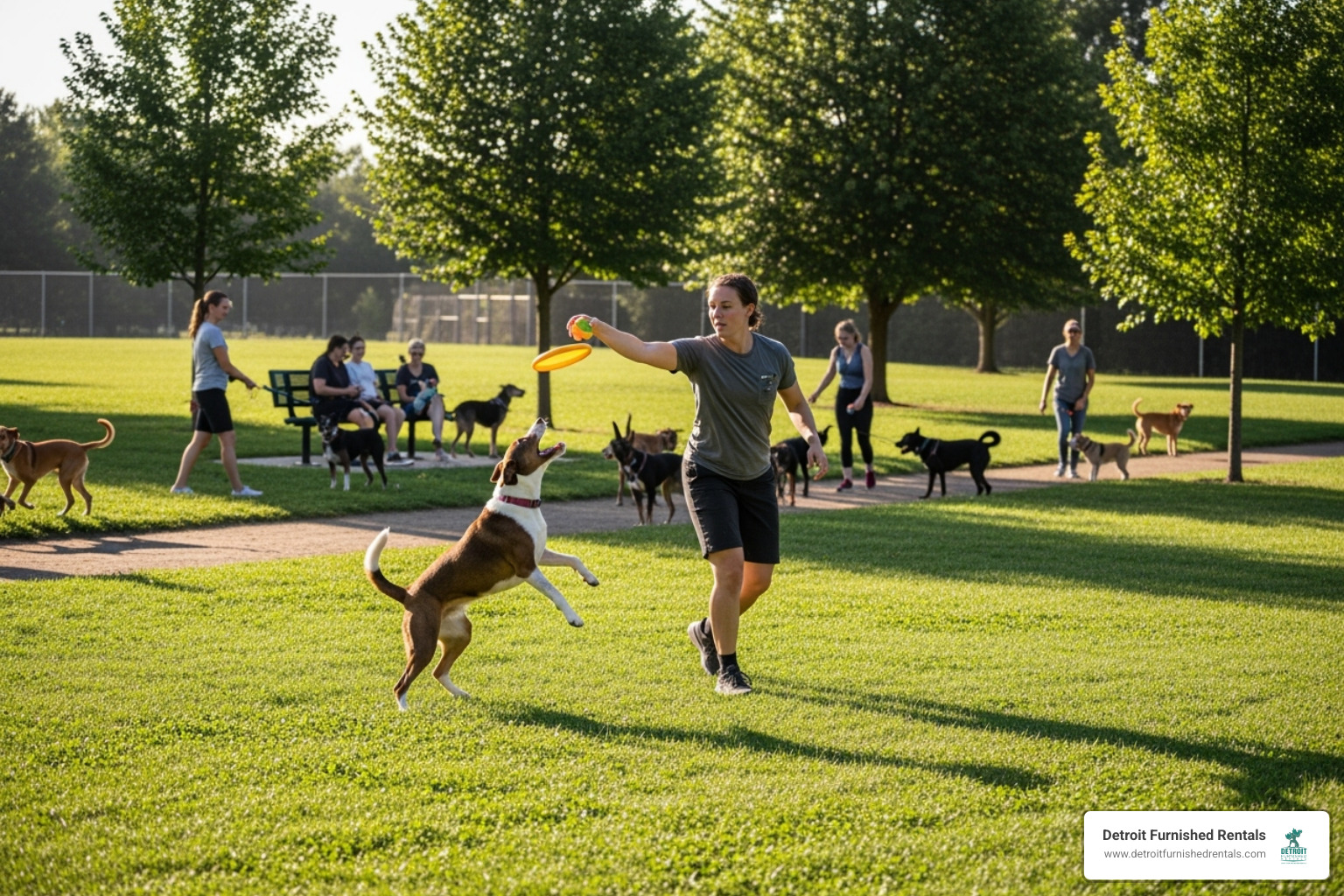 person playing with dog in community dog park - Pet friendly furnished apartments