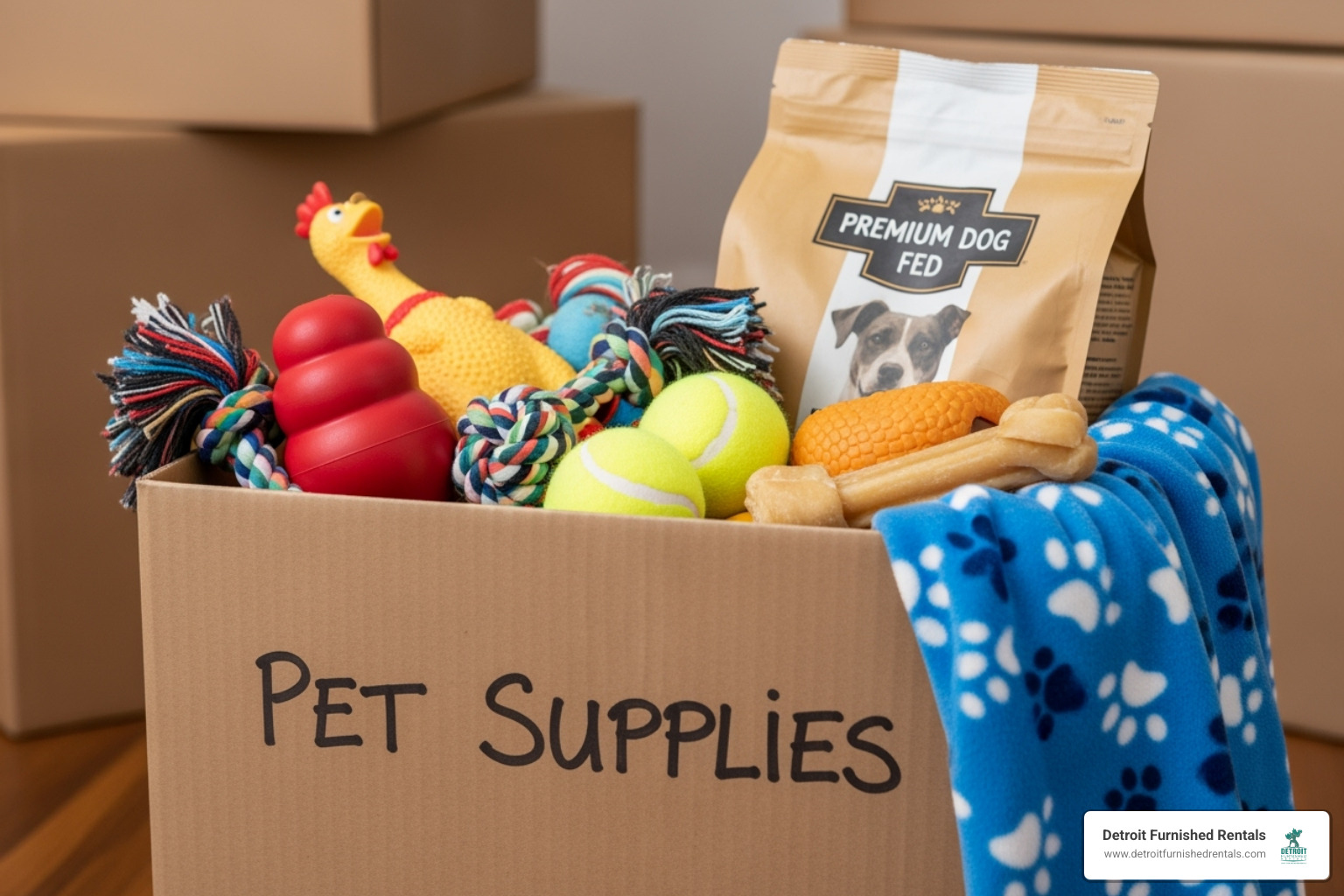 pet essentials moving box with toys, food, and a blanket - Pet friendly furnished apartments
