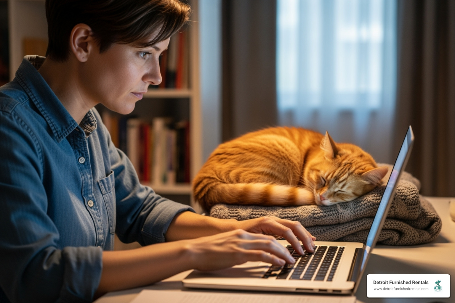 professional working on laptop with cat sleeping nearby - Pet friendly furnished apartments