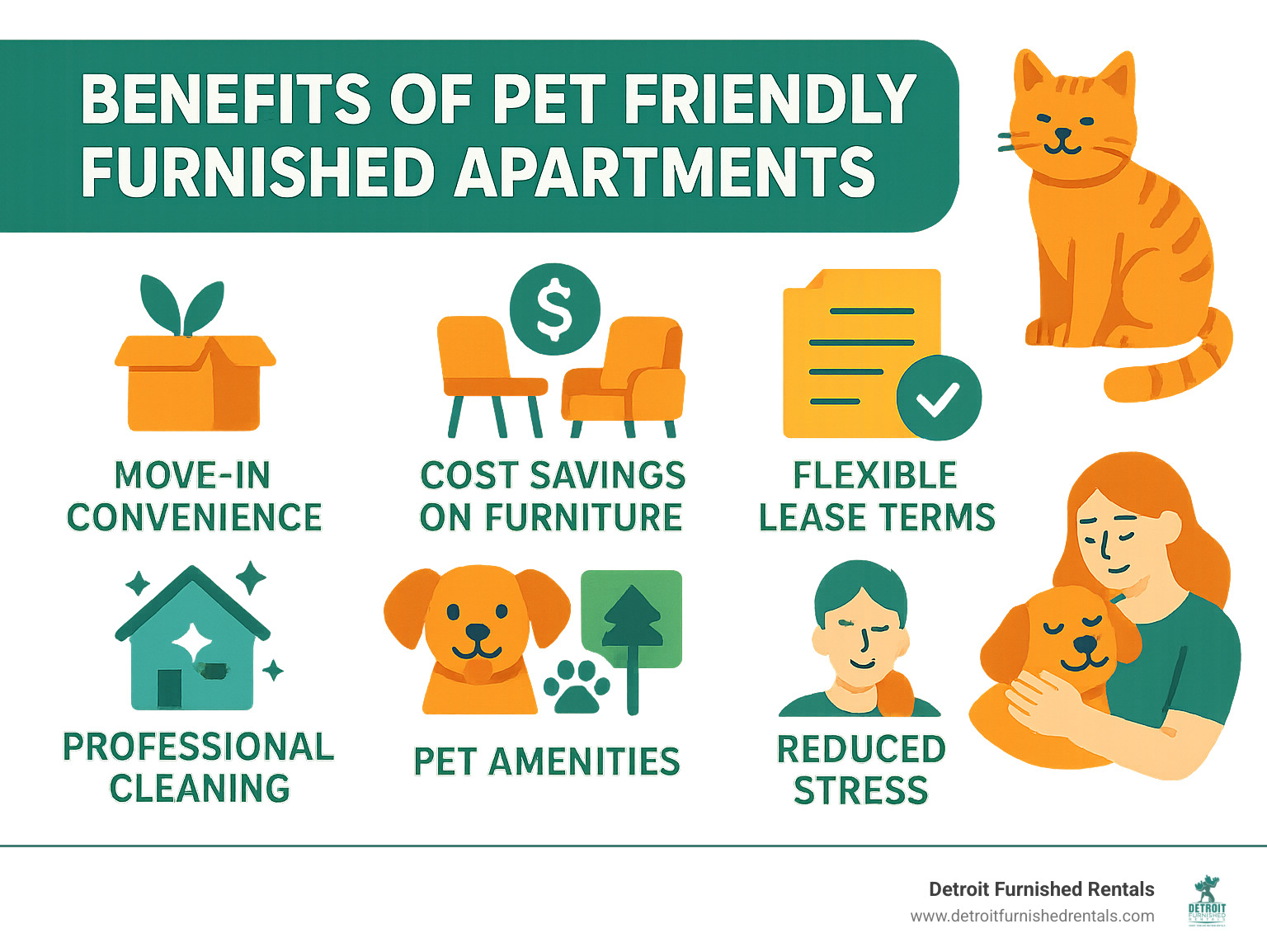 Benefits of pet friendly furnished apartments including move-in convenience, cost savings on furniture, flexible lease terms, professional cleaning services, pet amenities like dog parks and washing stations, and reduced stress for both pets and owners during relocations - Pet friendly furnished apartments infographic 