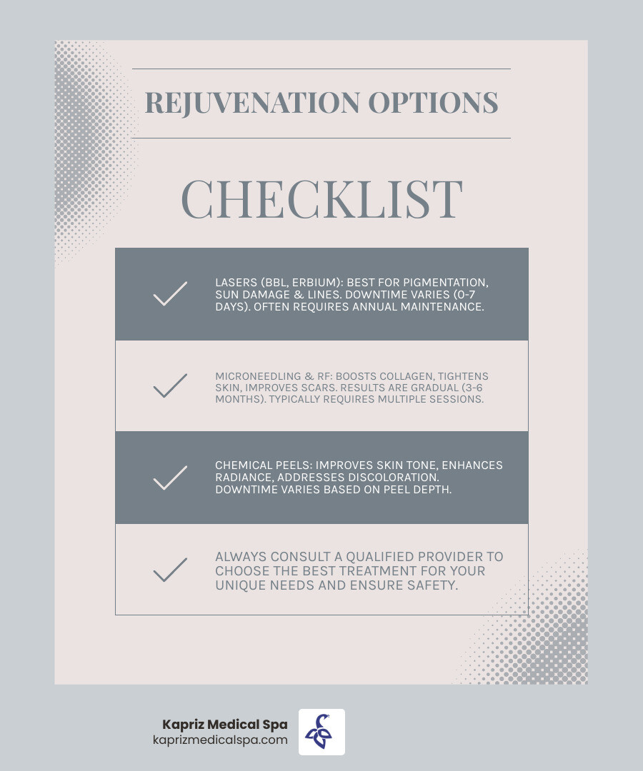 TABLE comparing Lasers, Microneedling, and Chemical Peels on: Best For, Expected Downtime, and Typical Number of Sessions - skin rejuvenation treatment before and after infographic checklist-light-blue-grey