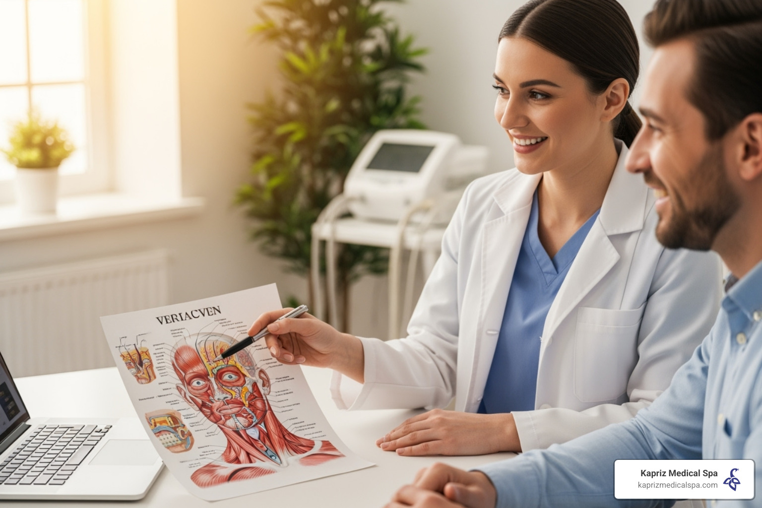 patient and a provider during a friendly consultation, pointing at a chart of the face - skin rejuvenation treatment before and after