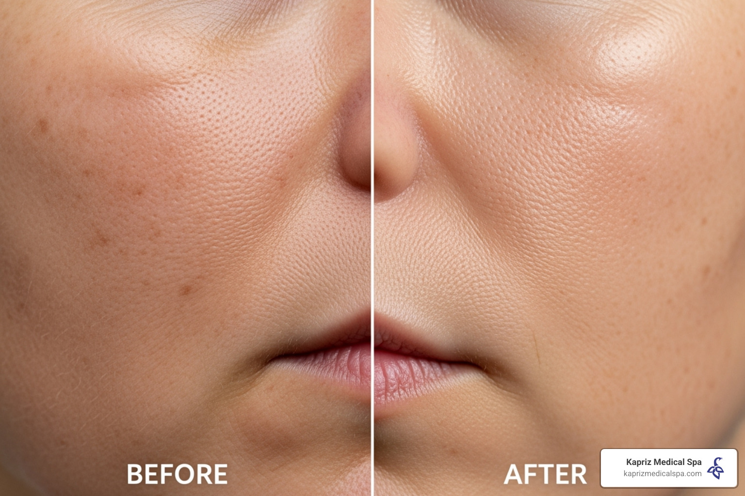 split-screen before and after for sun damage and dark spots - skin rejuvenation treatment before and after