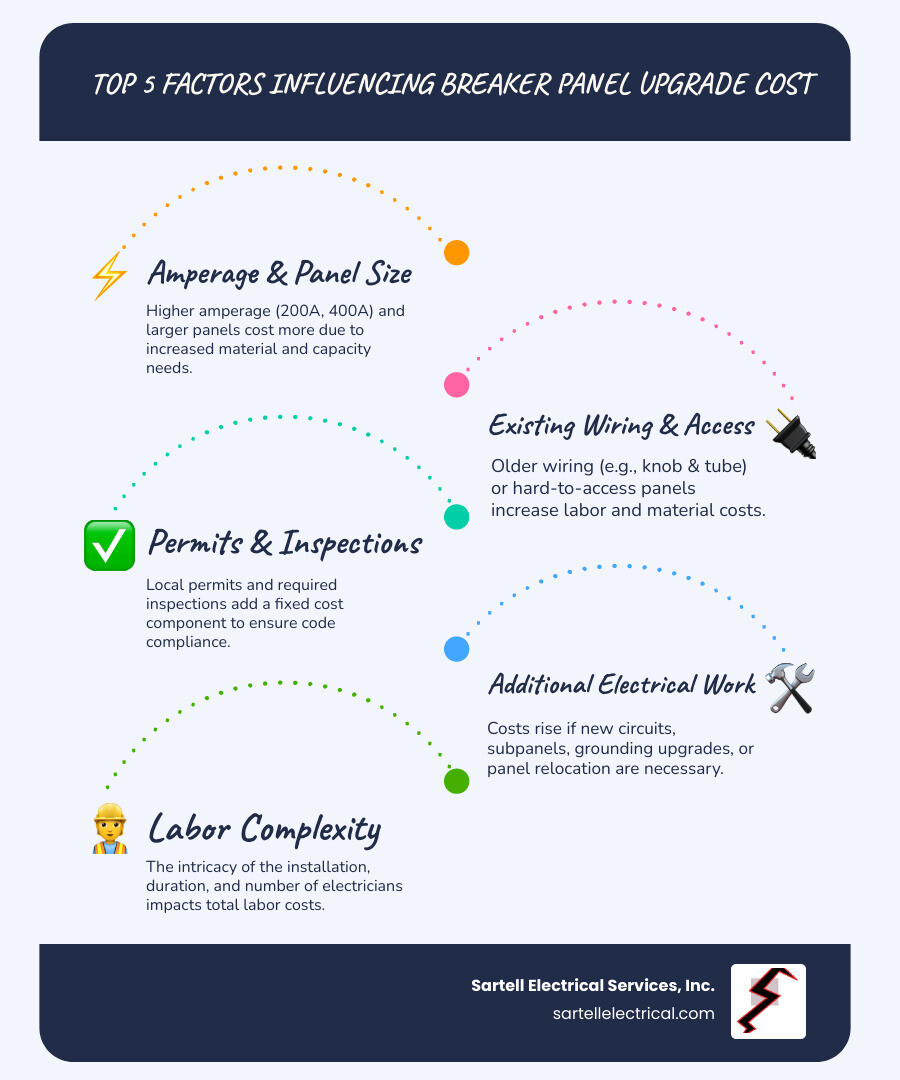 Infographic showing the top 5 factors that influence electrical panel upgrade costs: panel amperage and size, existing wiring condition and accessibility, permit and inspection fees, additional electrical work needed, and labor complexity - breaker panel upgrade cost infographic infographic-line-5-steps-blues-accent_colors